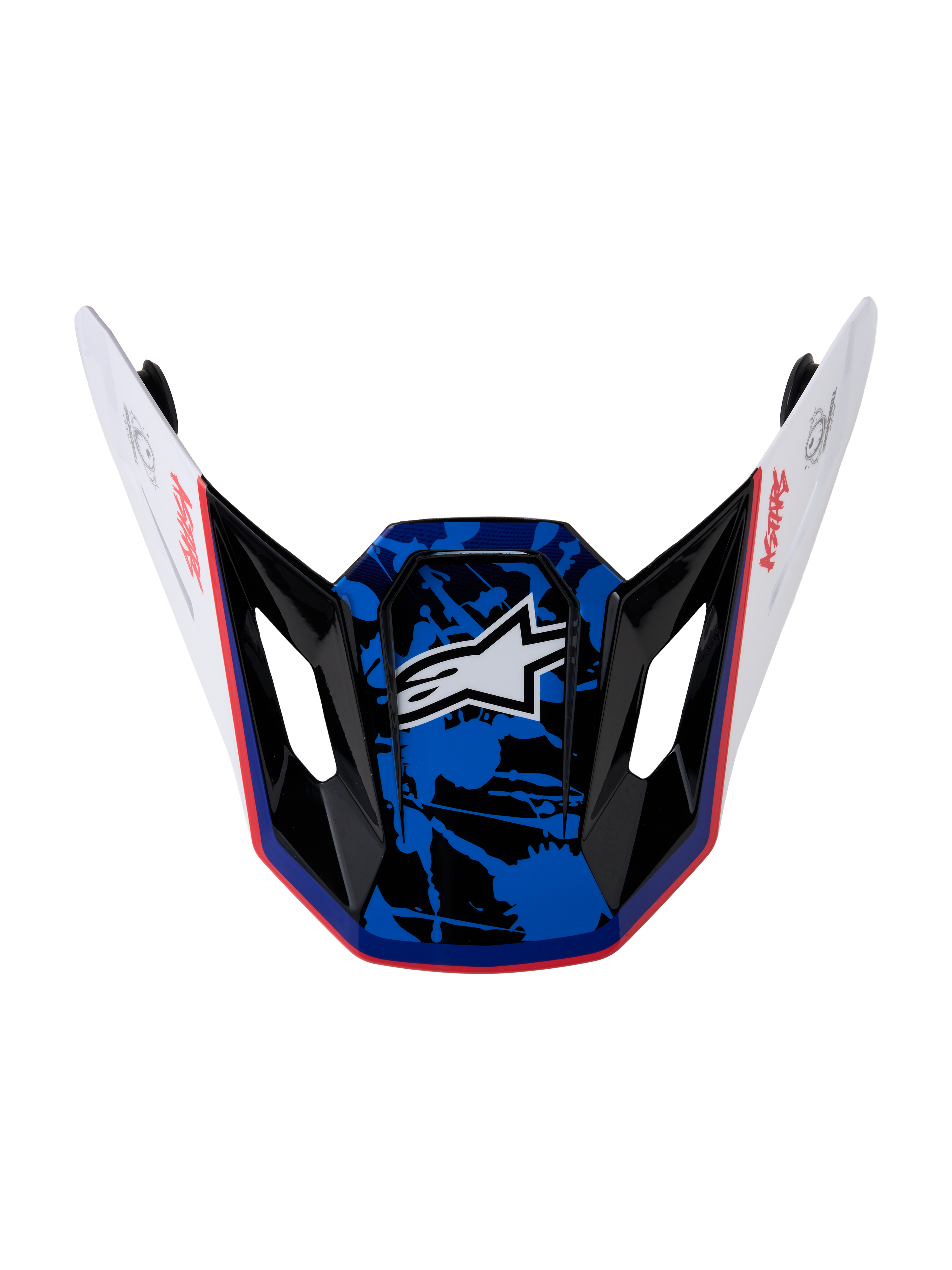 Alpinestars S-M7 Blaster Visor, Motocross Helmet Replacement Peak, White, Blue and Red Glossy, splatter graphic finish.