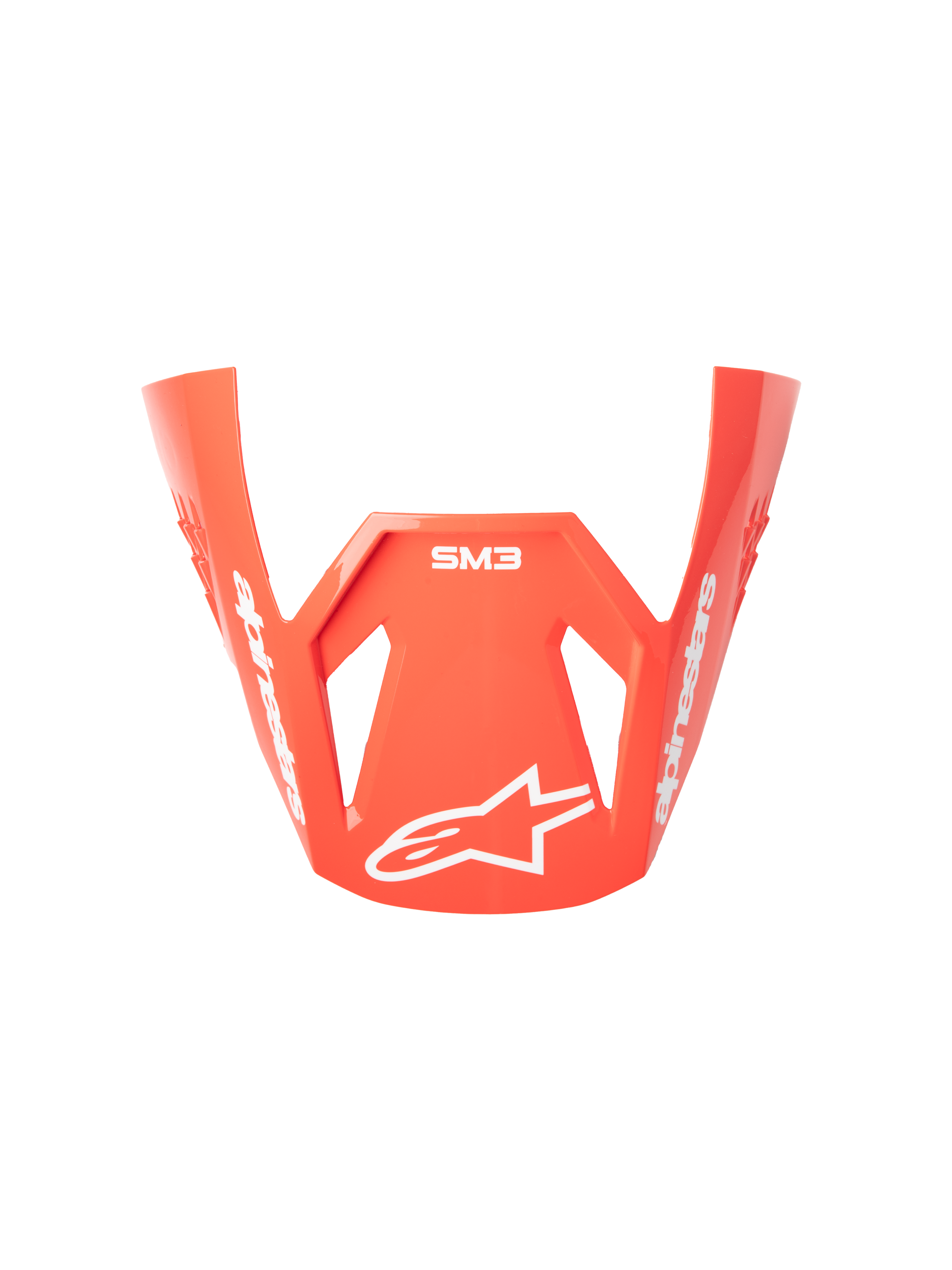 Viseira para capacete Alpinestars S-M3 Radium, pala para capacete de motociclismo, vermelho fluorescente, acabamento brilhante, com marca e logótipo de estrela Alpinestars em branco, design aerodinâmico angular para utilização em motocross e off-road
