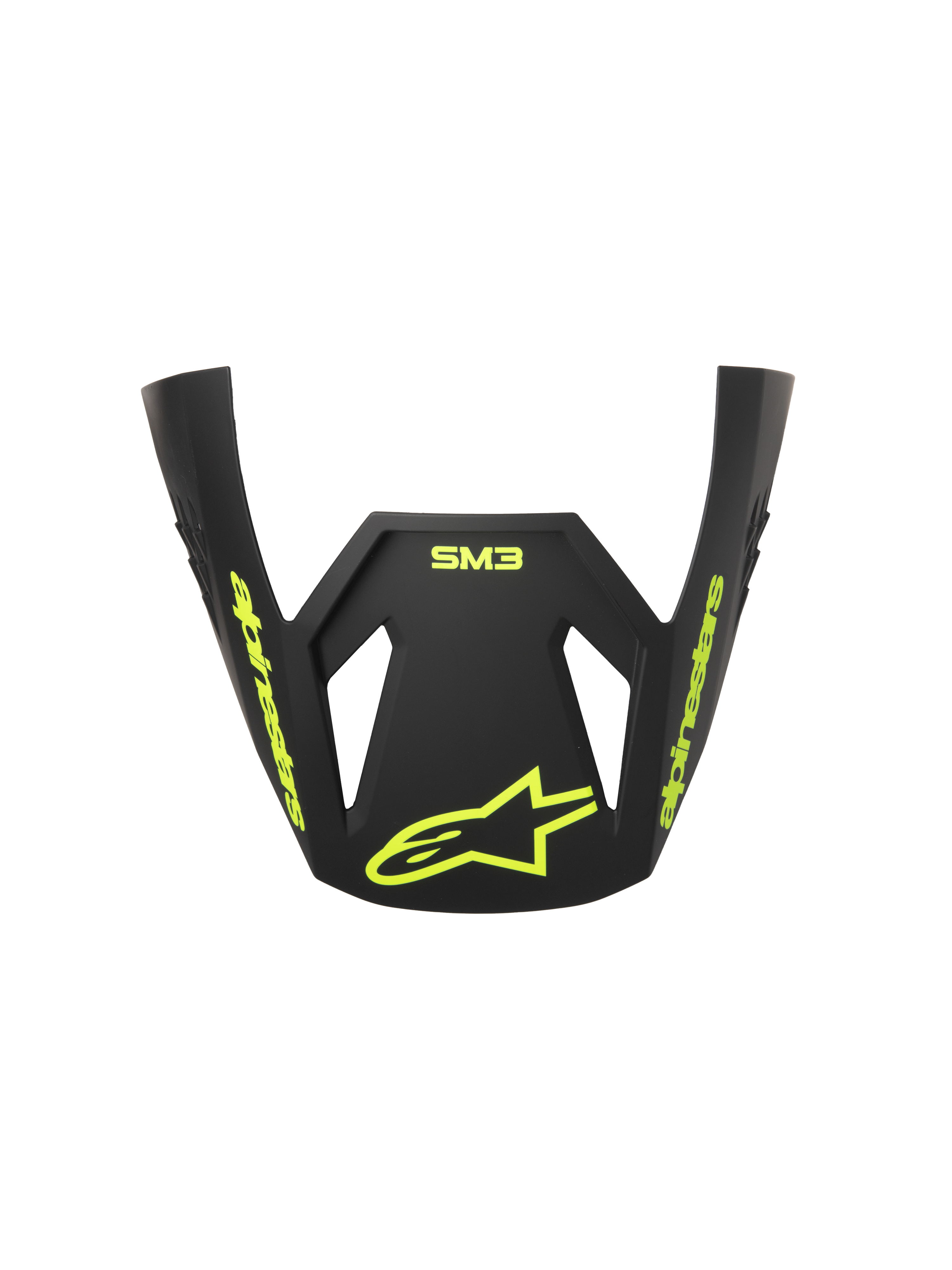 Viseira Alpinestars S-M3 Radium ECE06, pala de substituição para capacete de motocross, cinzento, preto e amarelo néon mate, com a marca Alpinestars e o logótipo da estrela em amarelo néon, acabamento mate e design aerodinâmico para corridas de off-road