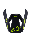 Viseira Alpinestars S-M3 Youth Radium, pala de substituição para capacete, preto mate com grafismos em amarelo fluorescente, com logótipo SM3 e marca Alpinestars, design aerodinâmico angular para capacetes de motocross