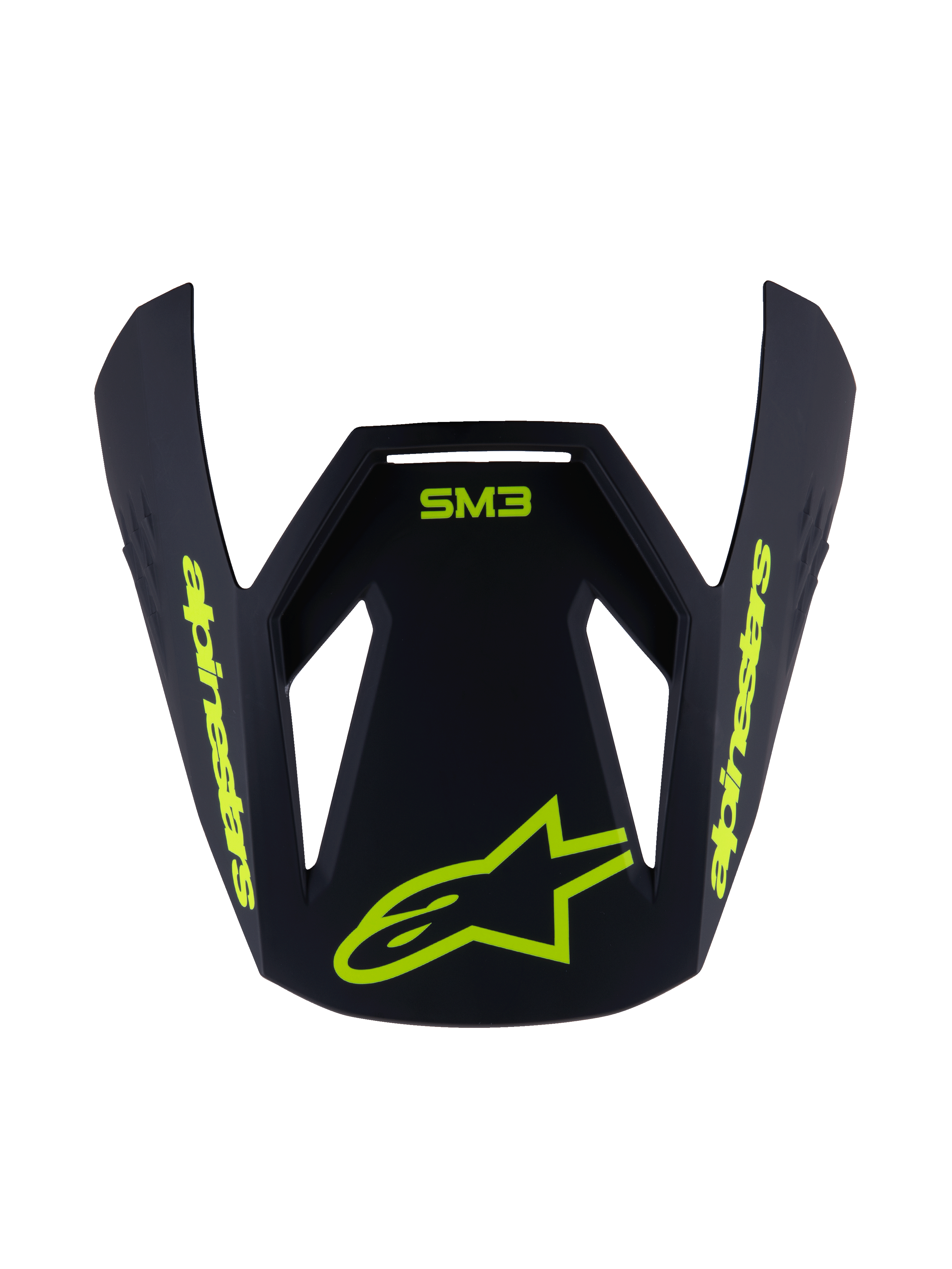 Viseira Alpinestars S-M3 Youth Radium, pala de substituição para capacete, preto mate com grafismos em amarelo fluorescente, com logótipo SM3 e marca Alpinestars, design aerodinâmico angular para capacetes de motocross