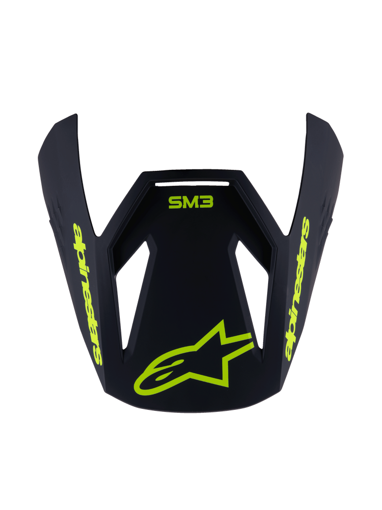 Viseira Alpinestars S-M3 Youth Radium, pala de substituição para capacete, preto mate com grafismos em amarelo fluorescente, com logótipo SM3 e marca Alpinestars, design aerodinâmico angular para capacetes de motocross