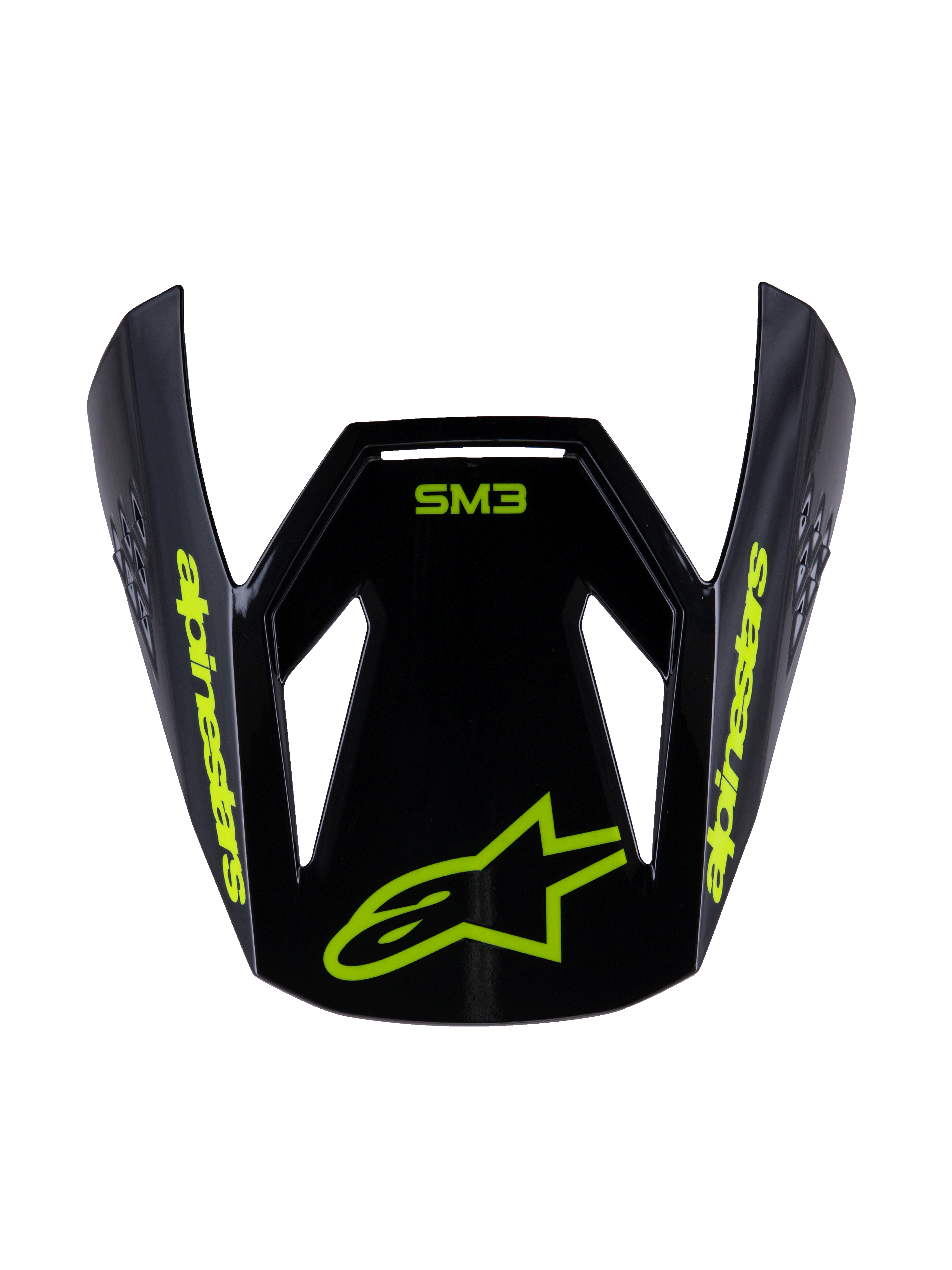 Alpinestars S-M3 Youth Radium Visor, viseira de substituição para capacete de motocross, preto e amarelo néon brilhante, com a marca Alpinestars e o logótipo da estrela em amarelo na frente, design aerodinâmico para capacetes de off-road para jovens