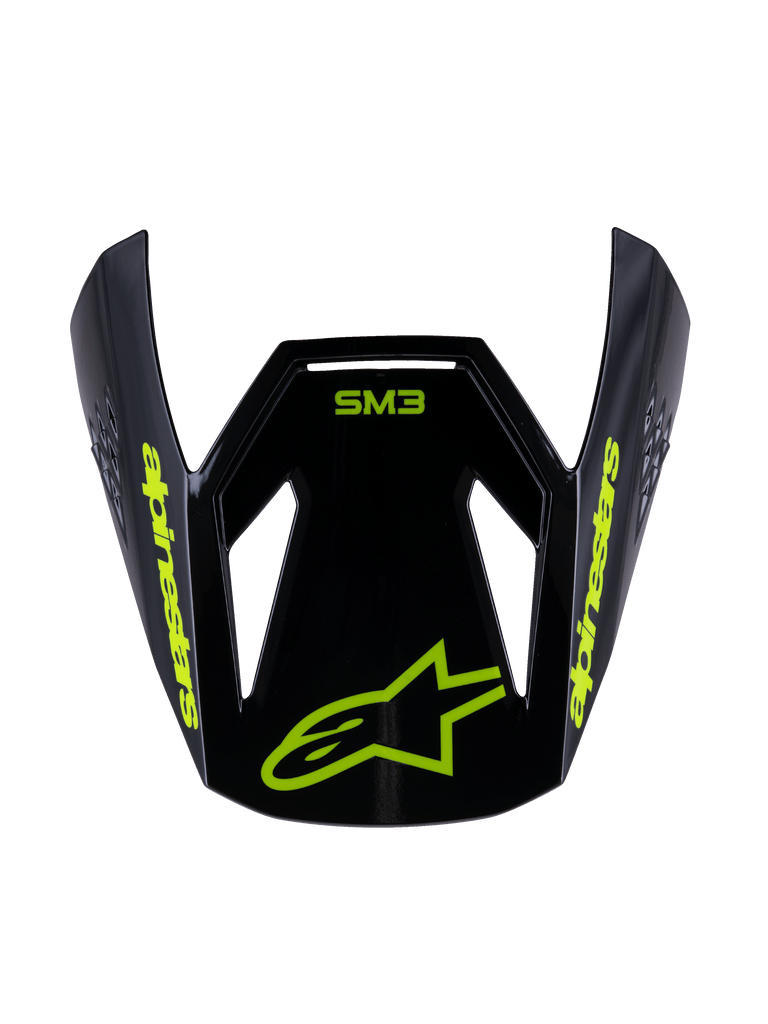 Alpinestars S-M3 Youth Radium Visor, viseira de substituição para capacete de motocross, preto e amarelo néon brilhante, com a marca Alpinestars e o logótipo da estrela em amarelo na frente, design aerodinâmico para capacetes de off-road para jovens
