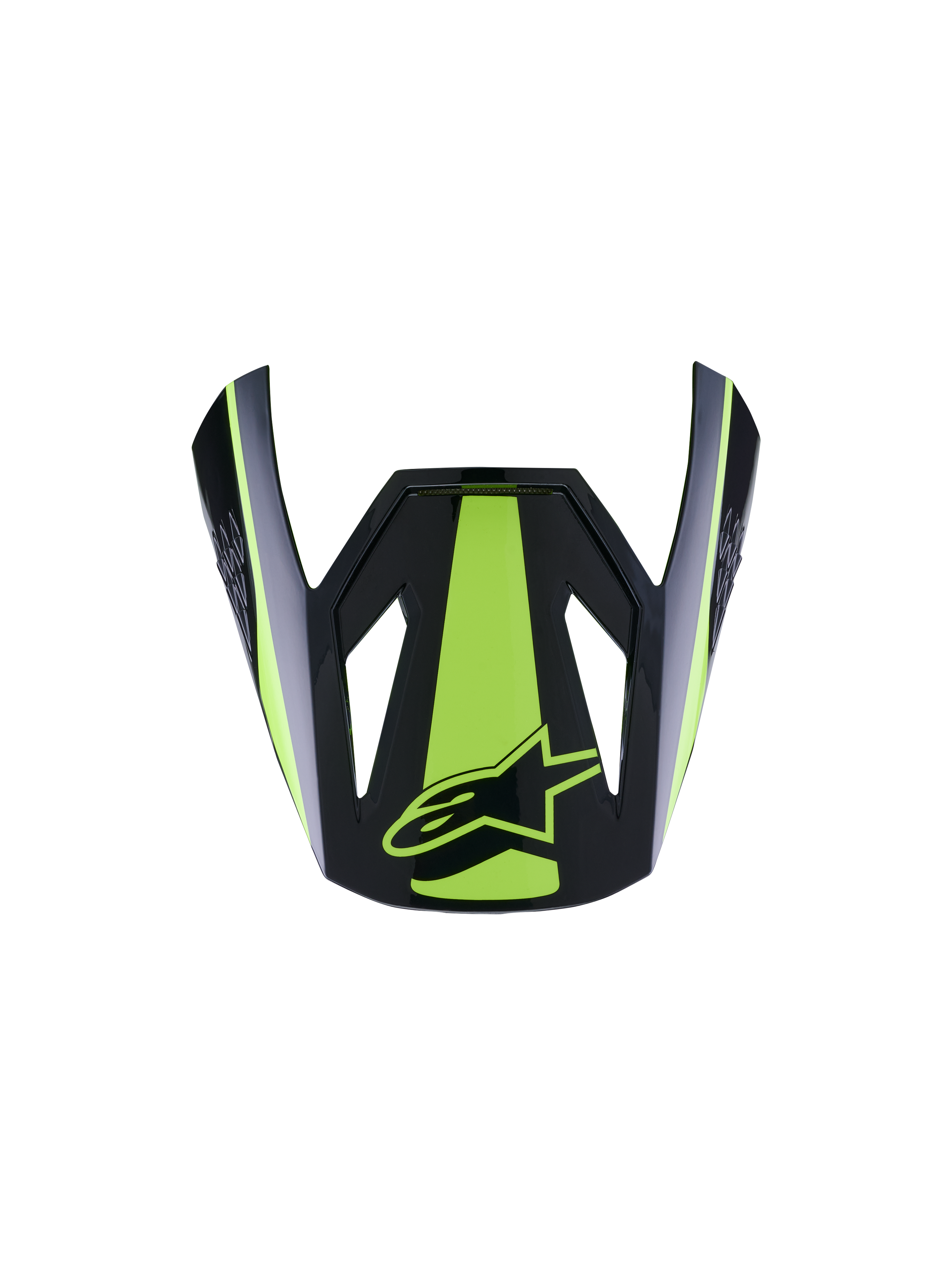 Alpinestars S-M3 Heat Visor ECE06, Motorcycle Helmet Visor, Yellow Fluo and Black Glossy, featuring a bold fluorescent yellow central stripe and side accents, glossy black finish with yellow star logo, aerodynamic peak design for motocross helmets