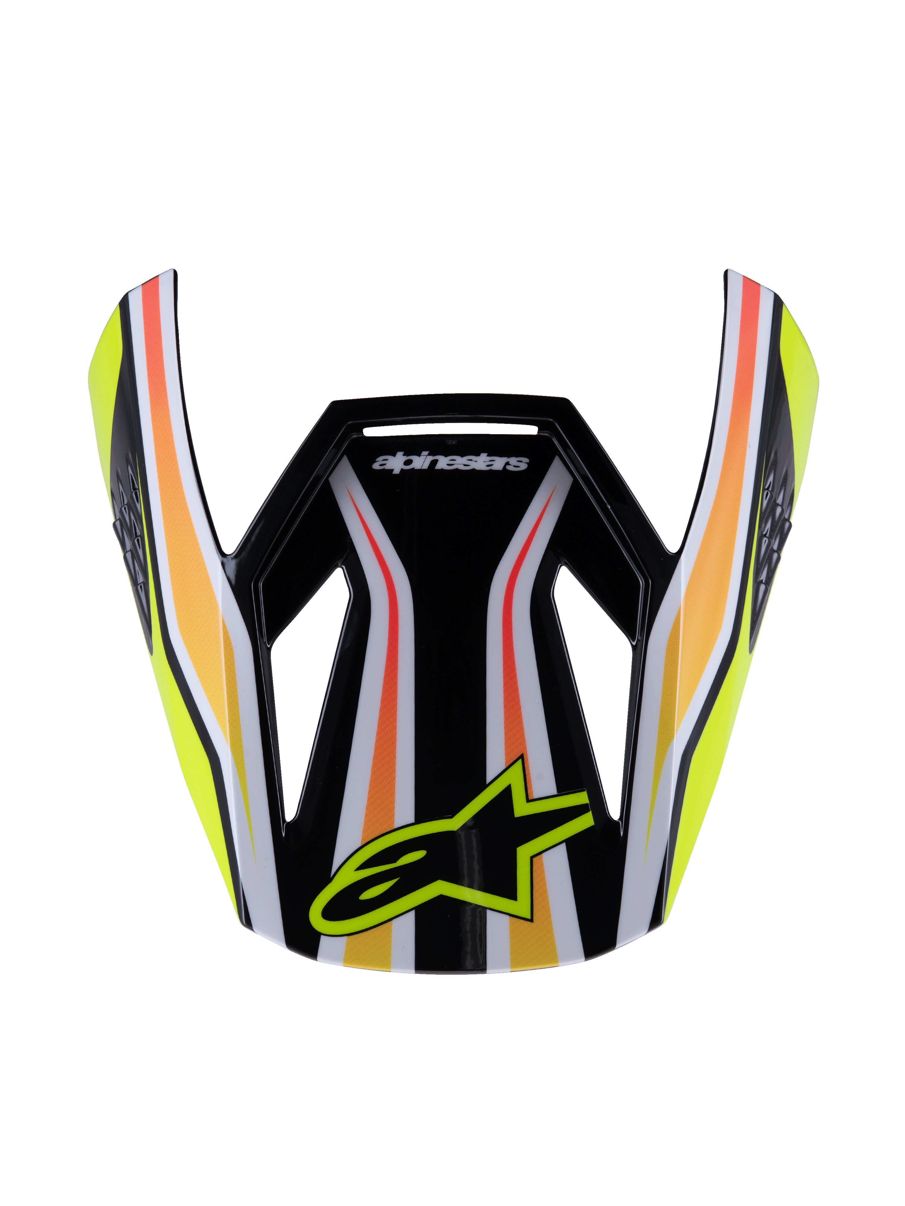 Alpinestars S-M3 Youth Wurx Visor, viseira para capacete de motocross, preta com riscas amarelas, laranja e vermelhas, com o logótipo Alpinestars amarelo, design aerodinâmico brilhante, pala de substituição para competições off-road para jovens