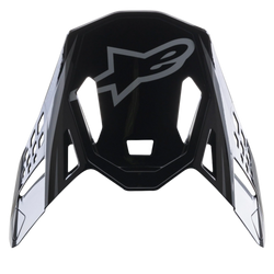 Alpinestars Supertech M10 Carbon Meta2 Visor, Black and Gray Glossy replacement peak, featuring a gray Alpinestars logo and aerodynamic ventilation cutouts, motocross helmet accessory