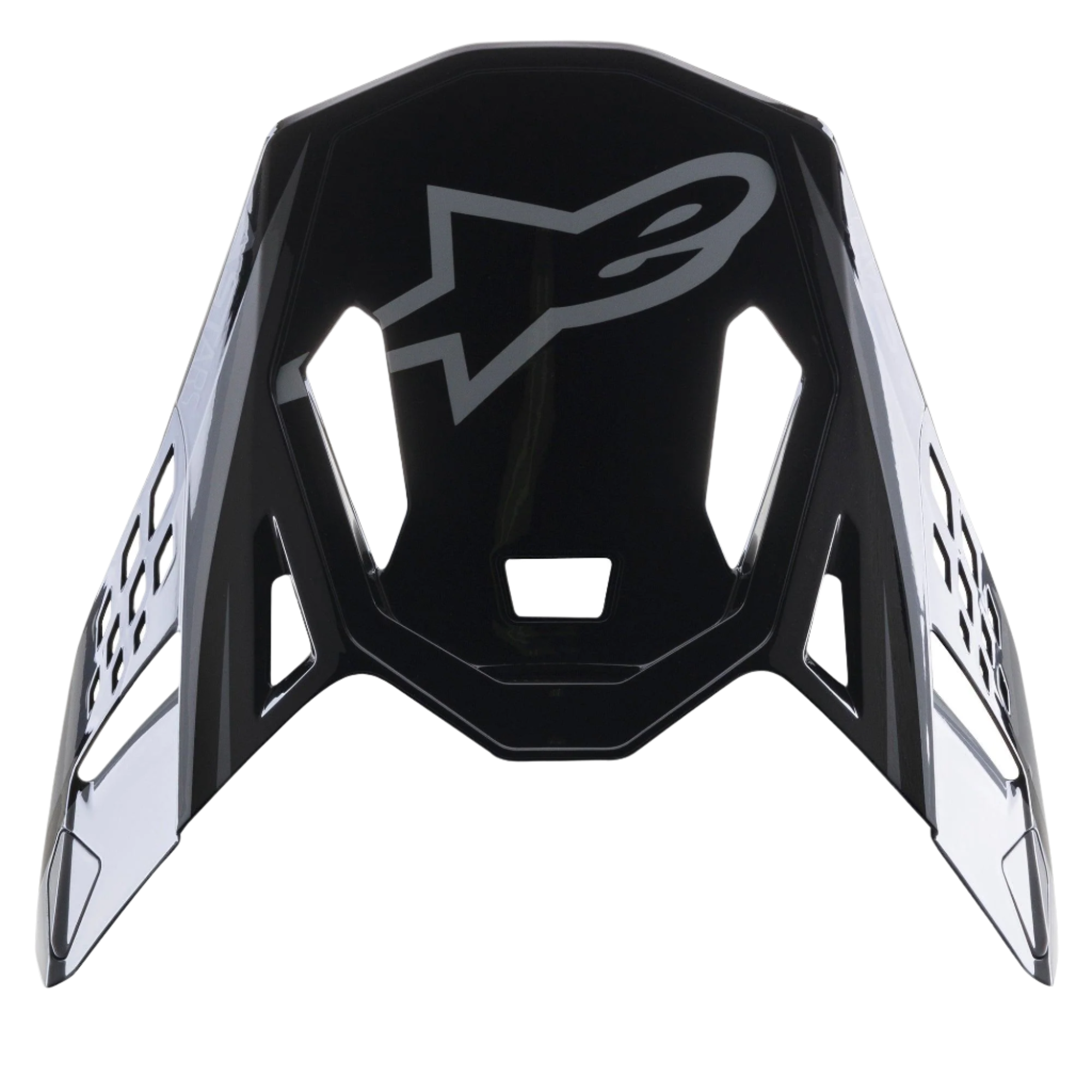 Viseira Alpinestars Supertech M10 Carbon Meta2, pala de substituição em preto e cinzento brilhante, com logótipo Alpinestars cinzento e aberturas de ventilação aerodinâmicas, acessório para capacete de motocross