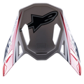 Viseira Alpinestars Supertech M10 Carbon Meta2, acessório para capacete de motocross, acabamento brilhante em branco, vermelho e azul, com um grande logótipo Astar preto no topo e branding lateral, design aerodinâmico com aberturas de ventilação para capacetes de todo-o-terreno