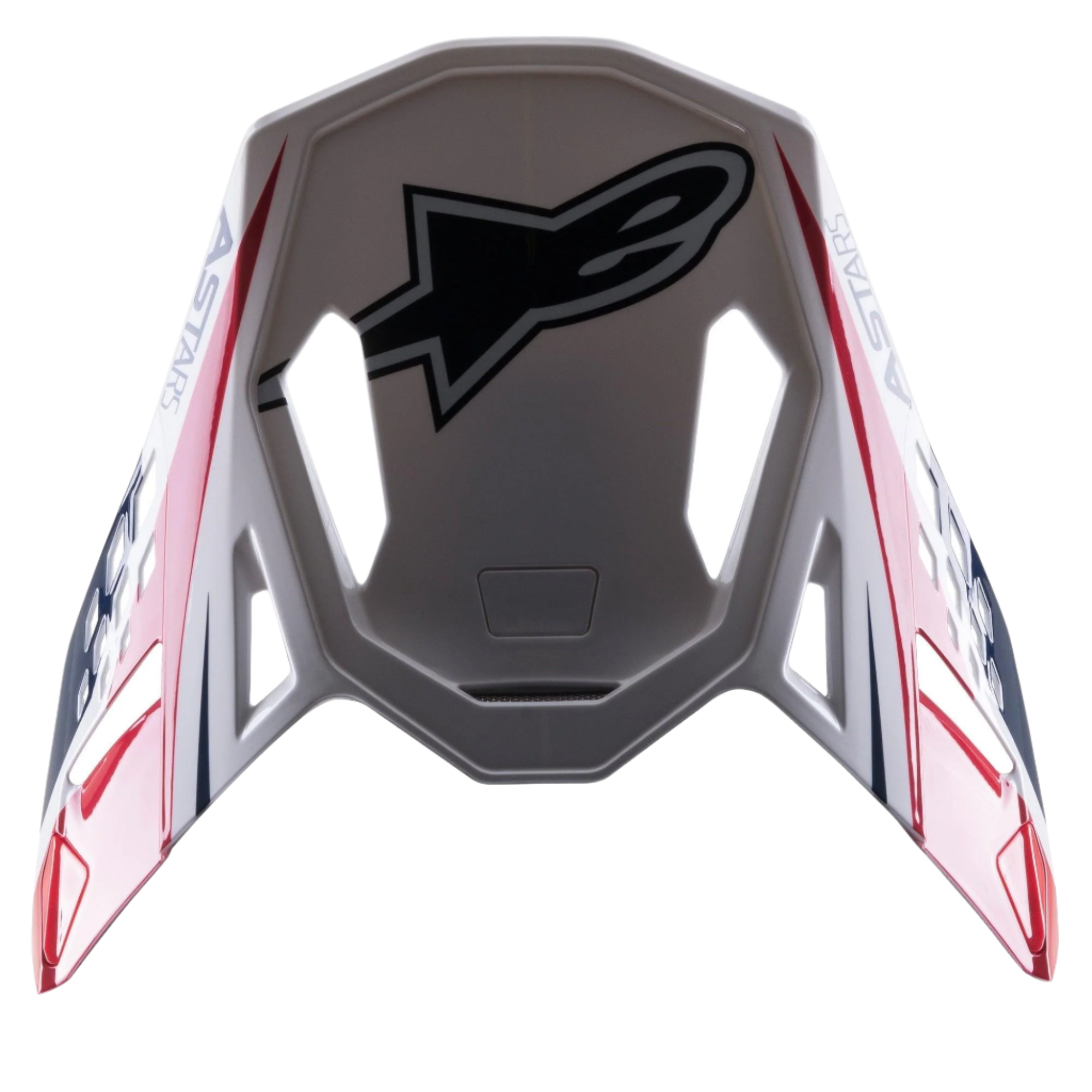 Viseira Alpinestars Supertech M10 Carbon Meta2, acessório para capacete de motocross, acabamento brilhante em branco, vermelho e azul, com um grande logótipo Astar preto no topo e branding lateral, design aerodinâmico com aberturas de ventilação para capacetes de todo-o-terreno