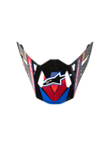 Alpinestars Supertech M10 Era Visor, viseira de substituição para capacete de motocross, azul, vermelho e amarelo fluo, acabamento em preto brilhante com grafismos angulares, logótipo central de estrela branca e recortes de ventilação aerodinâmicos