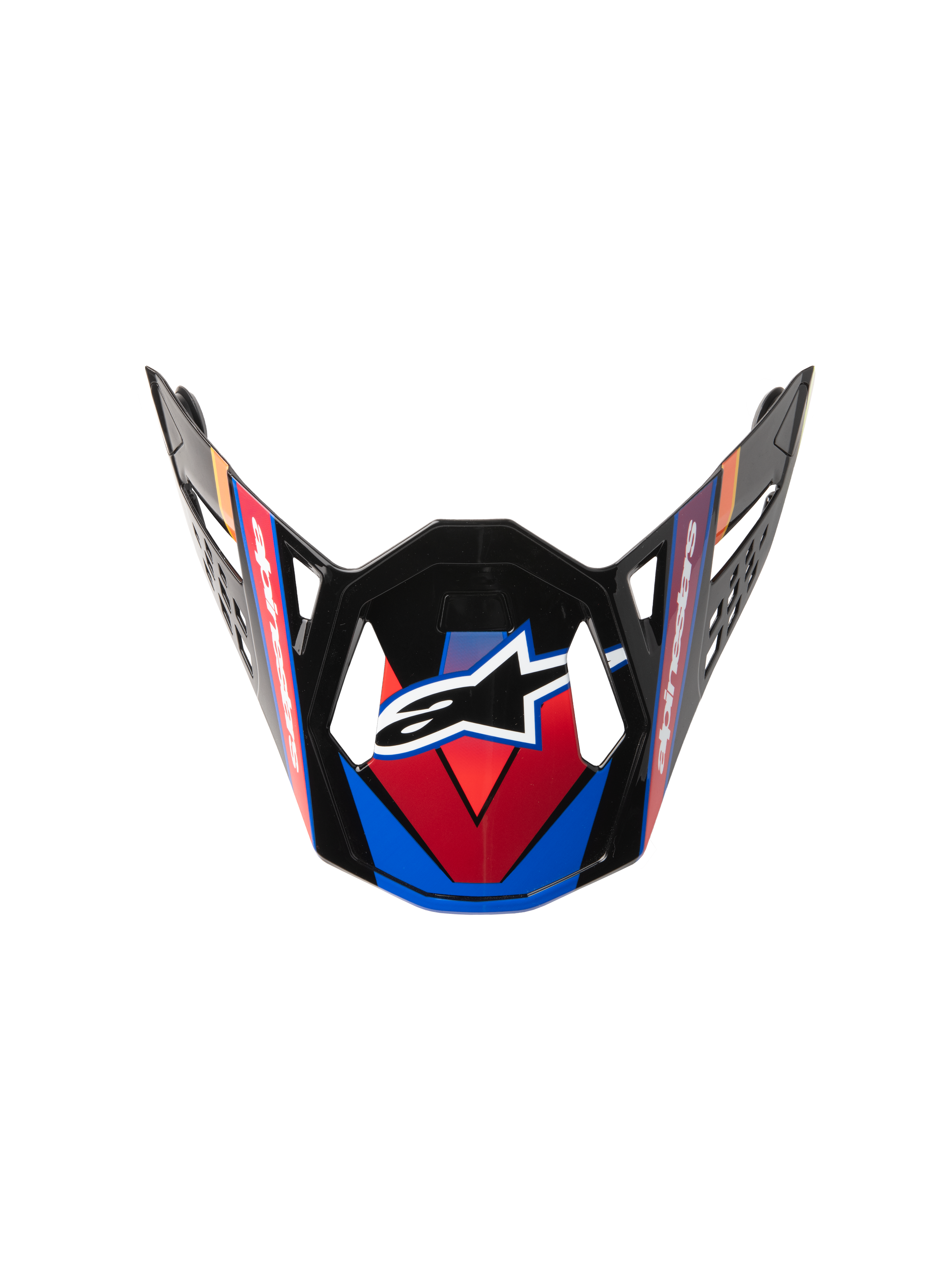 Alpinestars Supertech M10 Era Visor, viseira de substituição para capacete de motocross, azul, vermelho e amarelo fluo, acabamento em preto brilhante com grafismos angulares, logótipo central de estrela branca e recortes de ventilação aerodinâmicos