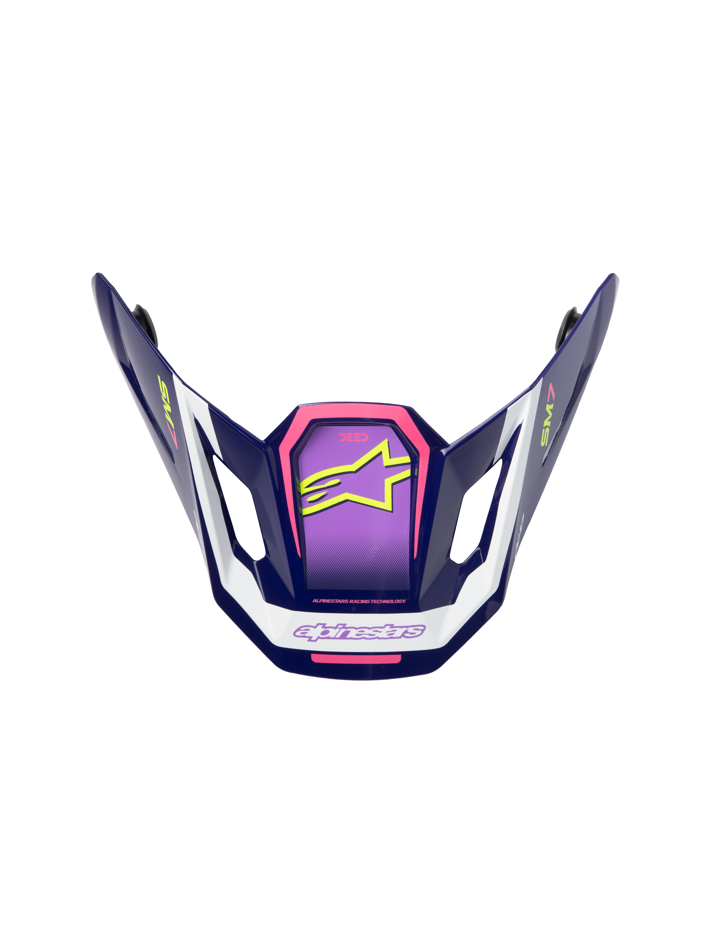 Viseira Alpinestars S-M7 Deed, acessório para capacete de motocross, roxo, rosa e branco, acabamento brilhante com logótipo de estrela amarelo néon e marca SM7, design aerodinâmico angular para corridas de todo-o-terreno