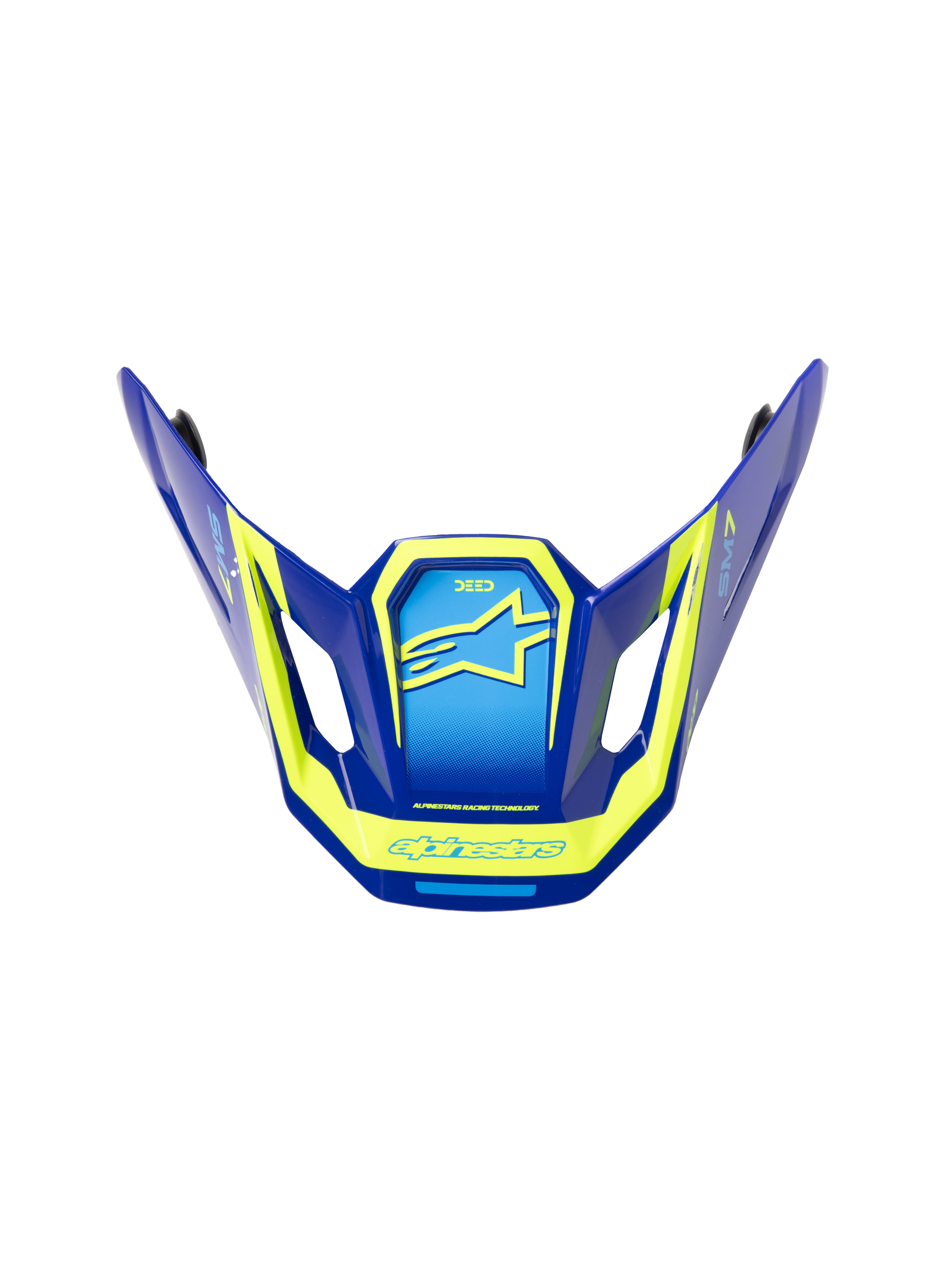 Alpinestars S-M7 Deed ECE06 Visor, pala de substituição para capacete de motocross, azul e amarelo flúor com acabamento brilhante, design aerodinâmico angular com aberturas laterais, com logótipos e grafismos Alpinestars proeminentes em amarelo