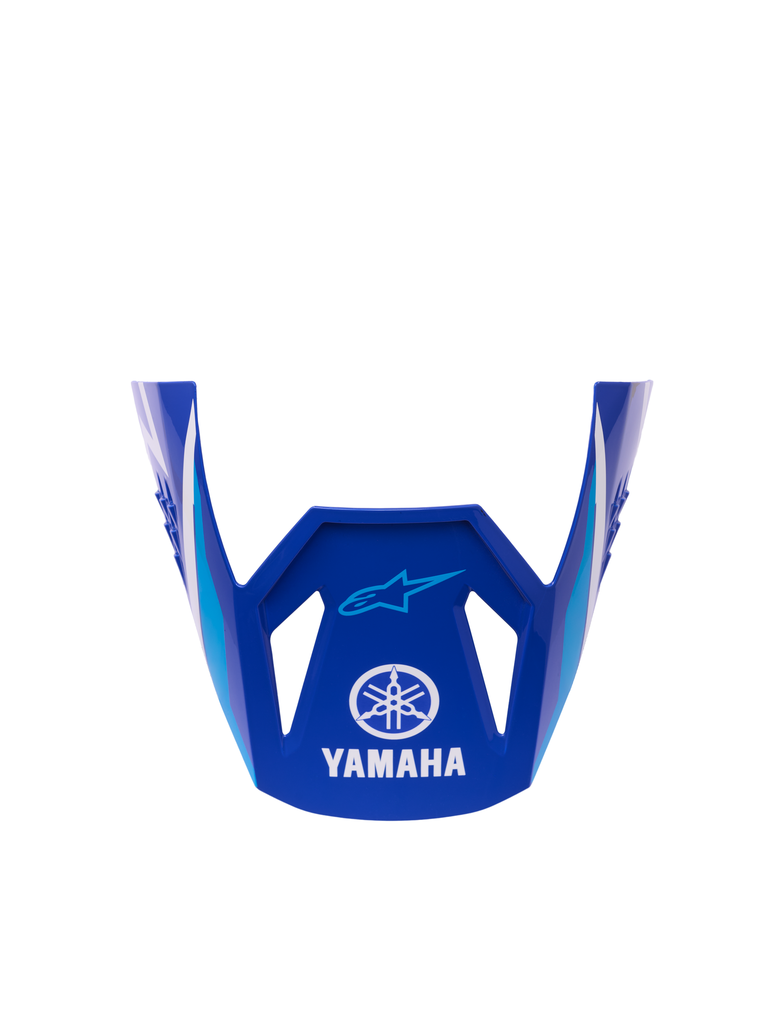 Viseira Alpinestars Yamaha S-M3 Youth, acessório de substituição para capacete, azul e branco brilhante, com logótipos Yamaha em branco e Alpinestars em azul claro, acabamento brilhante, concebida para capacetes de motocross para jovens