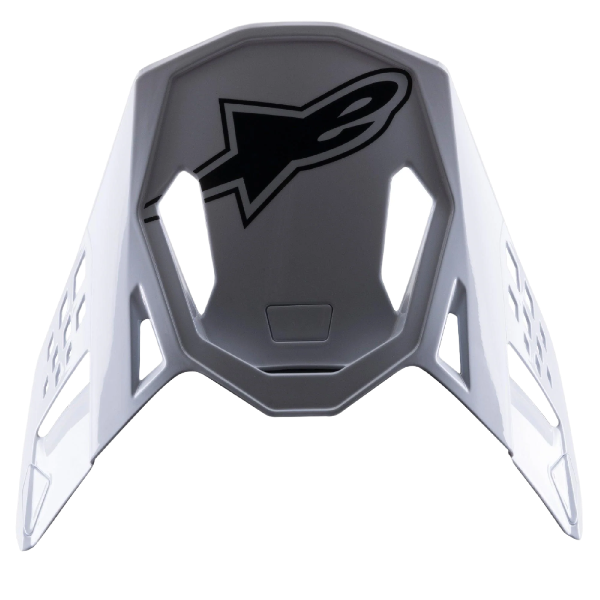Alpinestars S-M8 Factory Visor, pala de substituição para capacete de motocross, branca com logótipo Alpinestars preto, acabamento brilhante, design aerodinâmico com aberturas de ventilação
