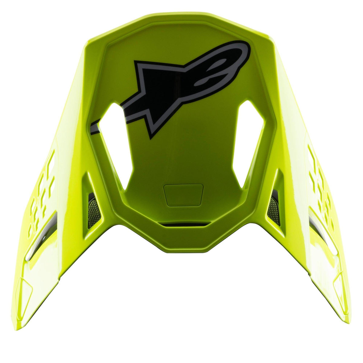 Alpinestars S-M8 Factory Visor, pala de substituição para capacete de motocross, amarelo néon brilhante, com logótipo Alpinestars em preto e recortes aerodinâmicos, compatível com capacetes Supertech M8