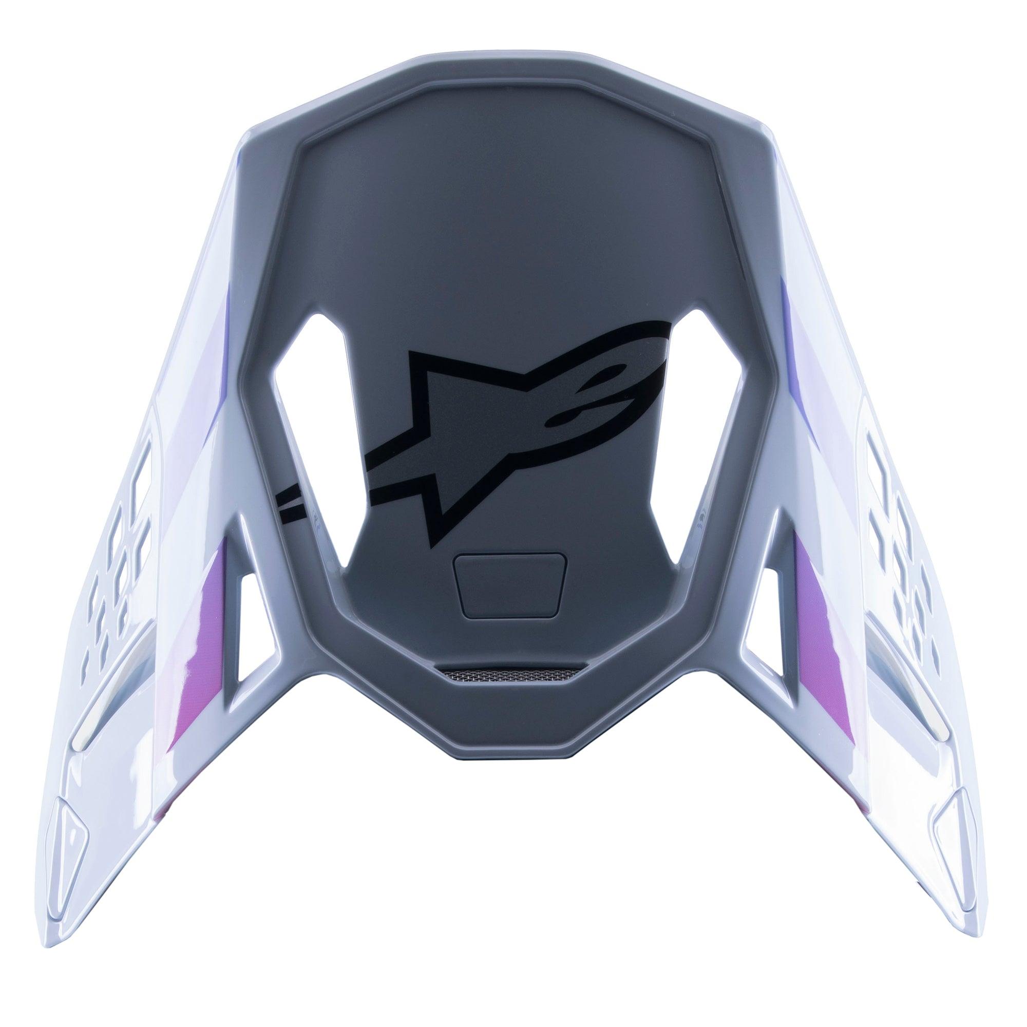 Viseira Alpinestars Supertech M10 Daytona 23 LE, pala de substituição para motocross, cinza com detalhes em roxo e branco, logótipo preto na parte inferior, design leve e ventilado para corridas de MX