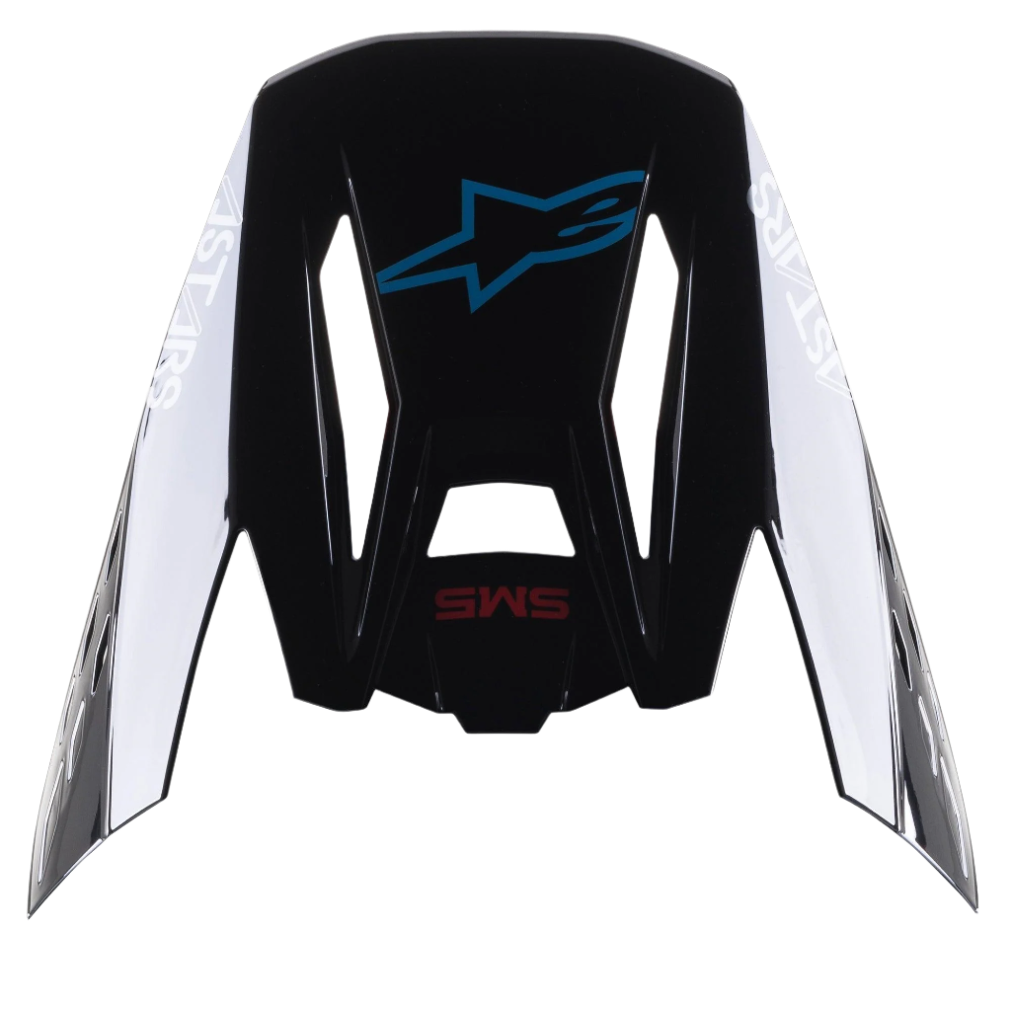 Viseira Alpinestars S-M5 Bond, pala de substituição para capacetes de motocross, preto ciano brilhante com logótipo Astars branco nas laterais, vista superior com logótipo de estrela azul e texto SM5 vermelho