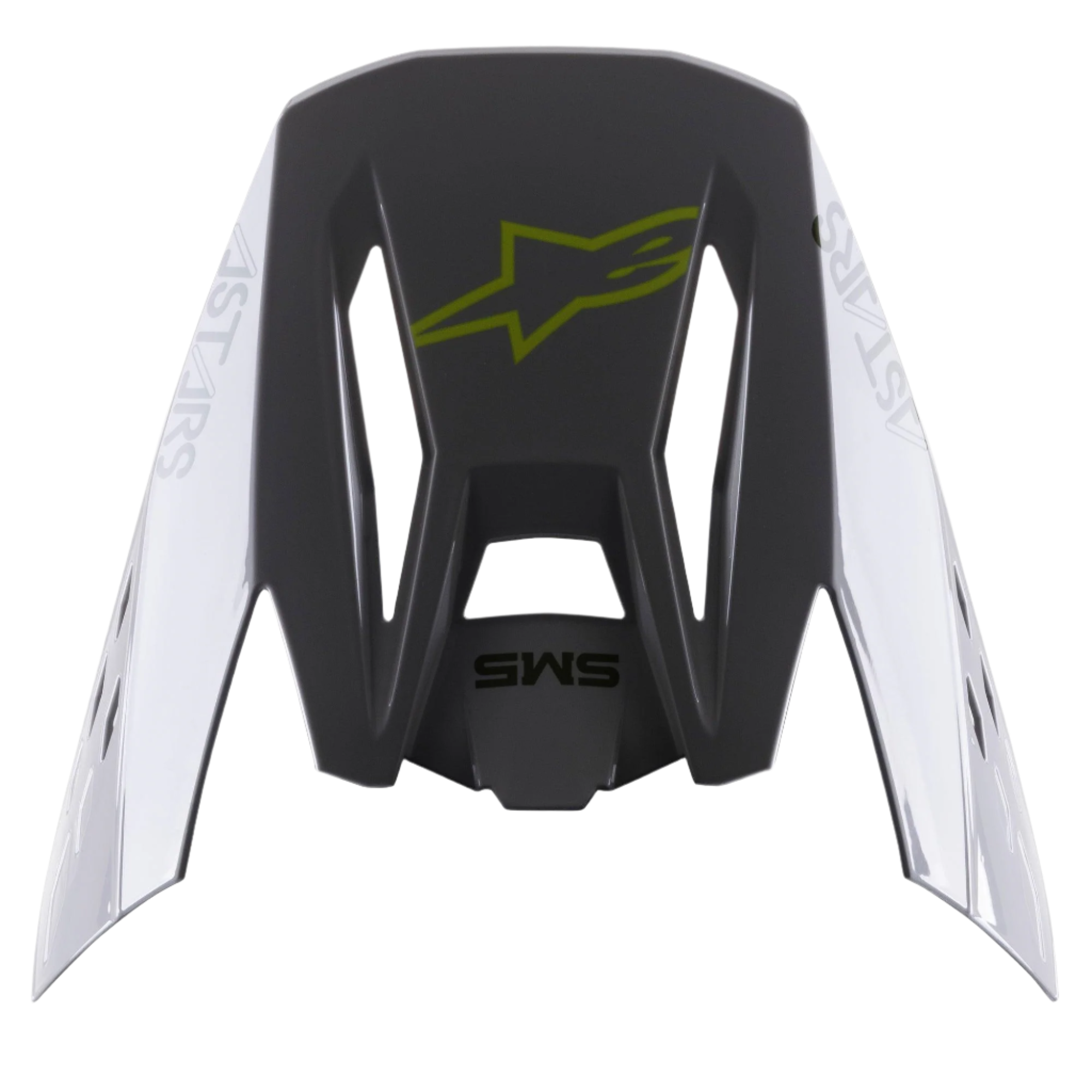 Viseira Alpinestars S-M5 Bond, acessório para capacete, prateado e amarelo néon brilhante, secção central cinzenta escura com logótipo amarelo néon, painéis laterais prateados com a marca Astars, acabamento brilhante, pala de substituição para capacetes de motocross S-M5