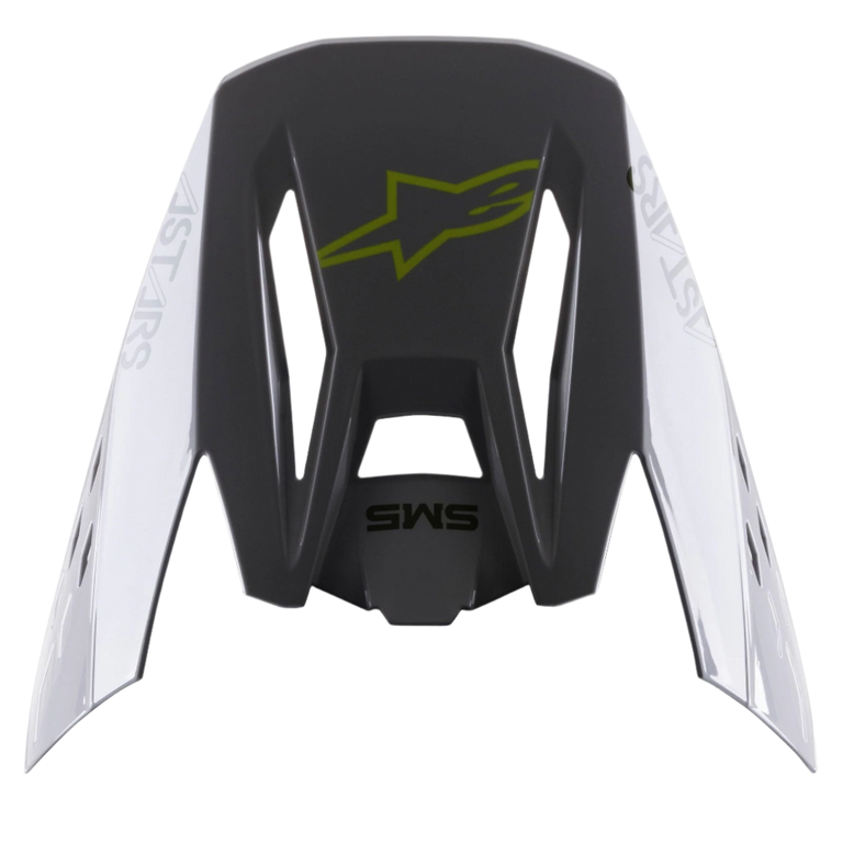 Viseira Alpinestars S-M5 Bond, acessório para capacete, prateado e amarelo néon brilhante, secção central cinzenta escura com logótipo amarelo néon, painéis laterais prateados com a marca Astars, acabamento brilhante, pala de substituição para capacetes de motocross S-M5