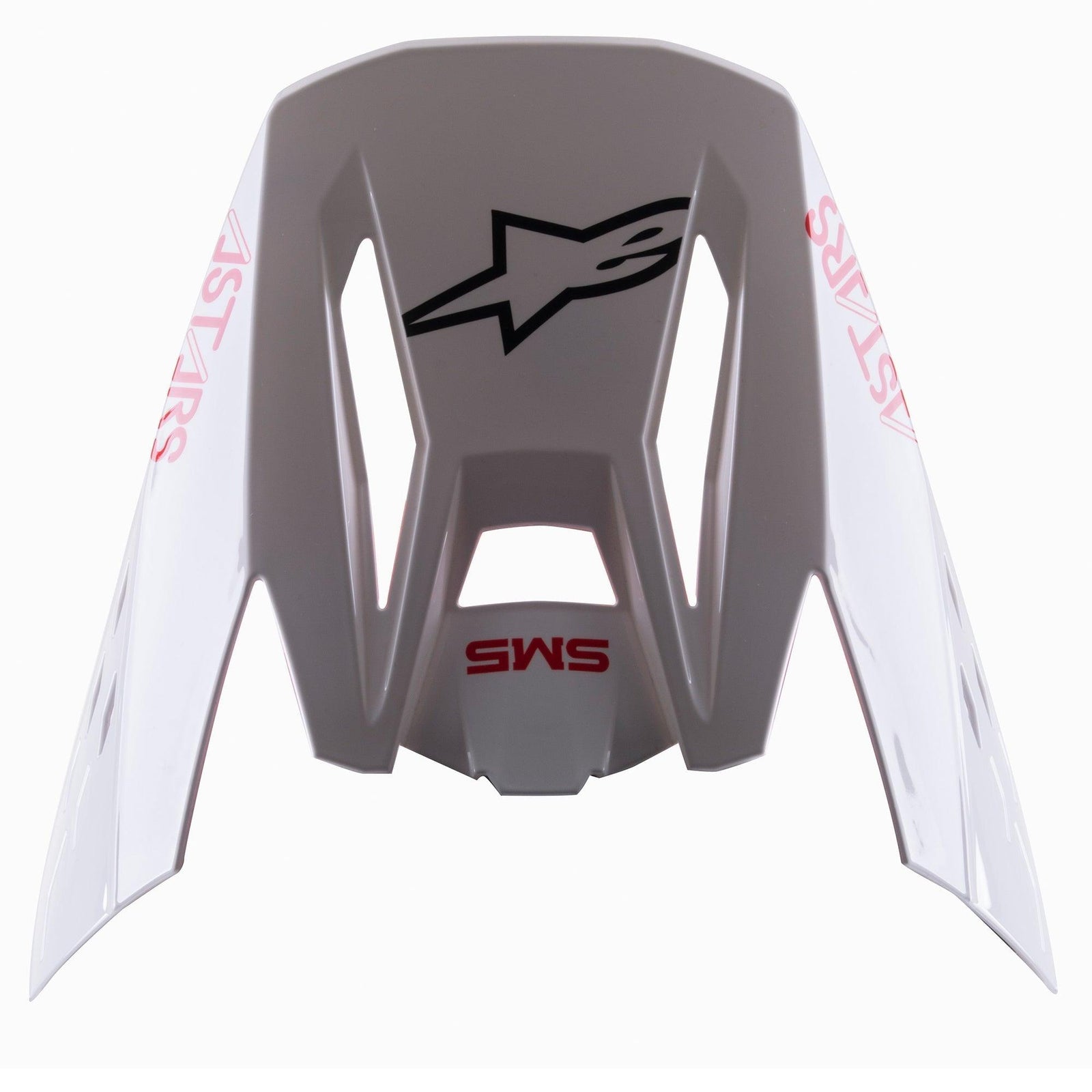 Alpinestars S-M5 Bond White Red Glossy Visor, pala de substituição para capacete de motocross, branco brilhante com as marcas ASTARS e SM5 a vermelho, logótipo de estrela preto, design aerodinâmico para corridas todo-o-terreno