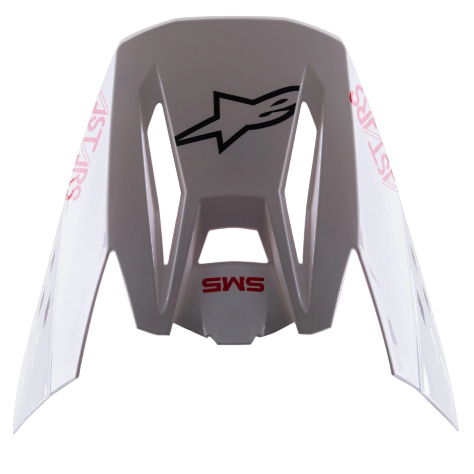 Viseira Alpinestars S-M5 Bond White Red Glossy, pala de substituição para capacete de motocross, acabamento branco brilhante com branding 'SM5' e 'ASTARS' a vermelho, logótipo central de estrela preto, acessório de encaixe para equipamento de todo-o-terreno