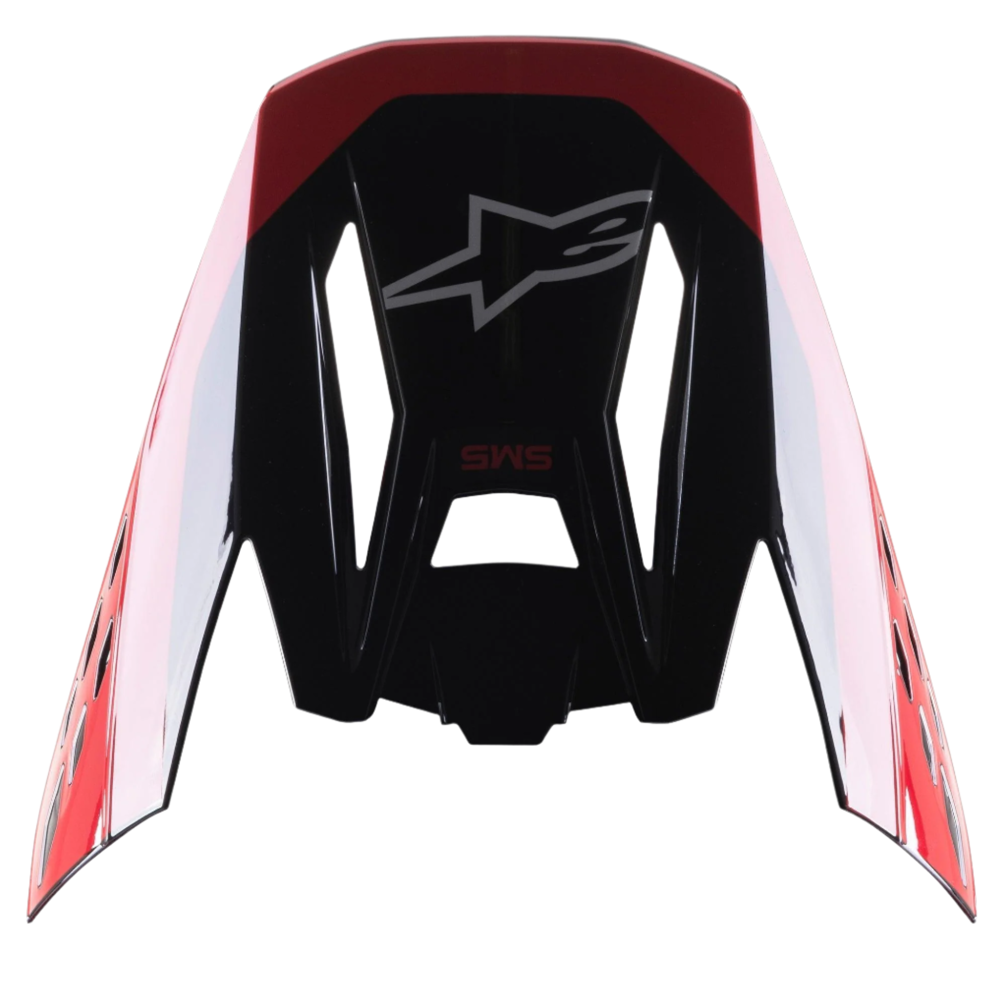 Viseira Alpinestars S-M5 Beam Black Red Glossy, peça de substituição para capacete de motocross, acabamento brilhante com detalhes em vermelho, com o logótipo Astars e texto SM5, concebida para competições de motocross e todo-o-terreno