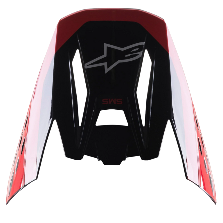 Viseira Alpinestars S-M5 Beam Black Red Glossy, peça de substituição para capacete de motocross, acabamento brilhante com detalhes em vermelho, com o logótipo Astars e texto SM5, concebida para competições de motocross e todo-o-terreno