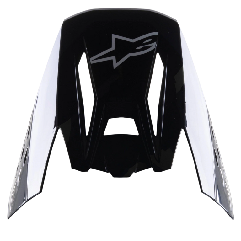 Alpinestars S-M5 Rover Visor, Motocross Helmet Accessory, Black Anthracite Camo Glossy, glossy black finish with grey star logo, aerodynamic design with cutouts for airflow