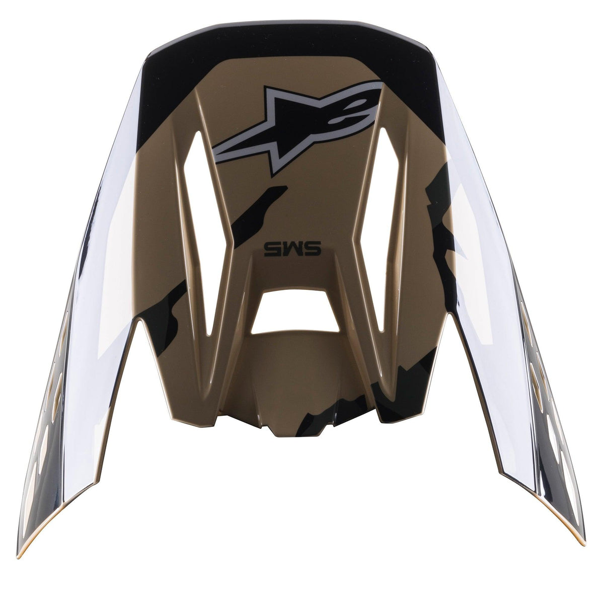 Viseira Alpinestars S-M5 Rover, pala de substituição para capacete de motocross, Sand Tangerine Camo Glossy, padrão de camuflagem em tons de areia e preto com acabamento brilhante, com o logótipo da estrela Alpinestars e a marca SM5