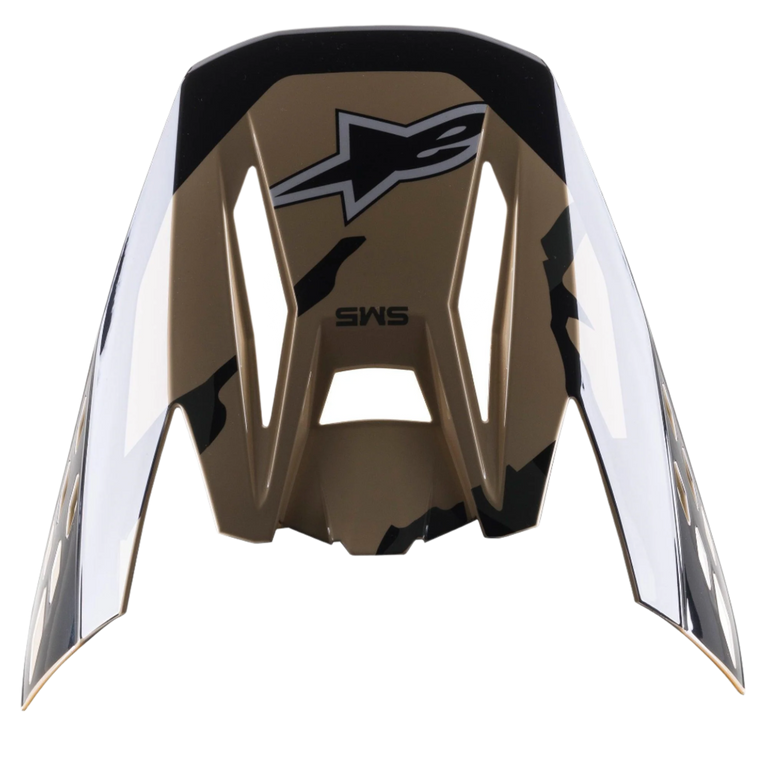 Alpinestars S-M5 Rover Visor, pala de substituição para capacete, Sand Tangerine Camo Brilhante, base castanha com detalhes de camuflagem pretos, com o logótipo Alpinestars e a marca SM5, design angular para capacetes de motocross