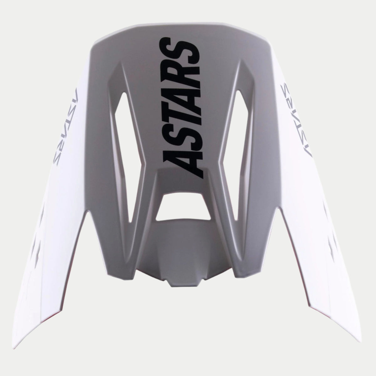 Alpinestars S-M5 Rayon Visor, pala de substituição para capacete de motocross, cinzento com logótipo ASTARS preto em destaque no topo e nas laterais, acabamento mate, com design angular e aberturas de ventilação para performance em todo-o-terreno