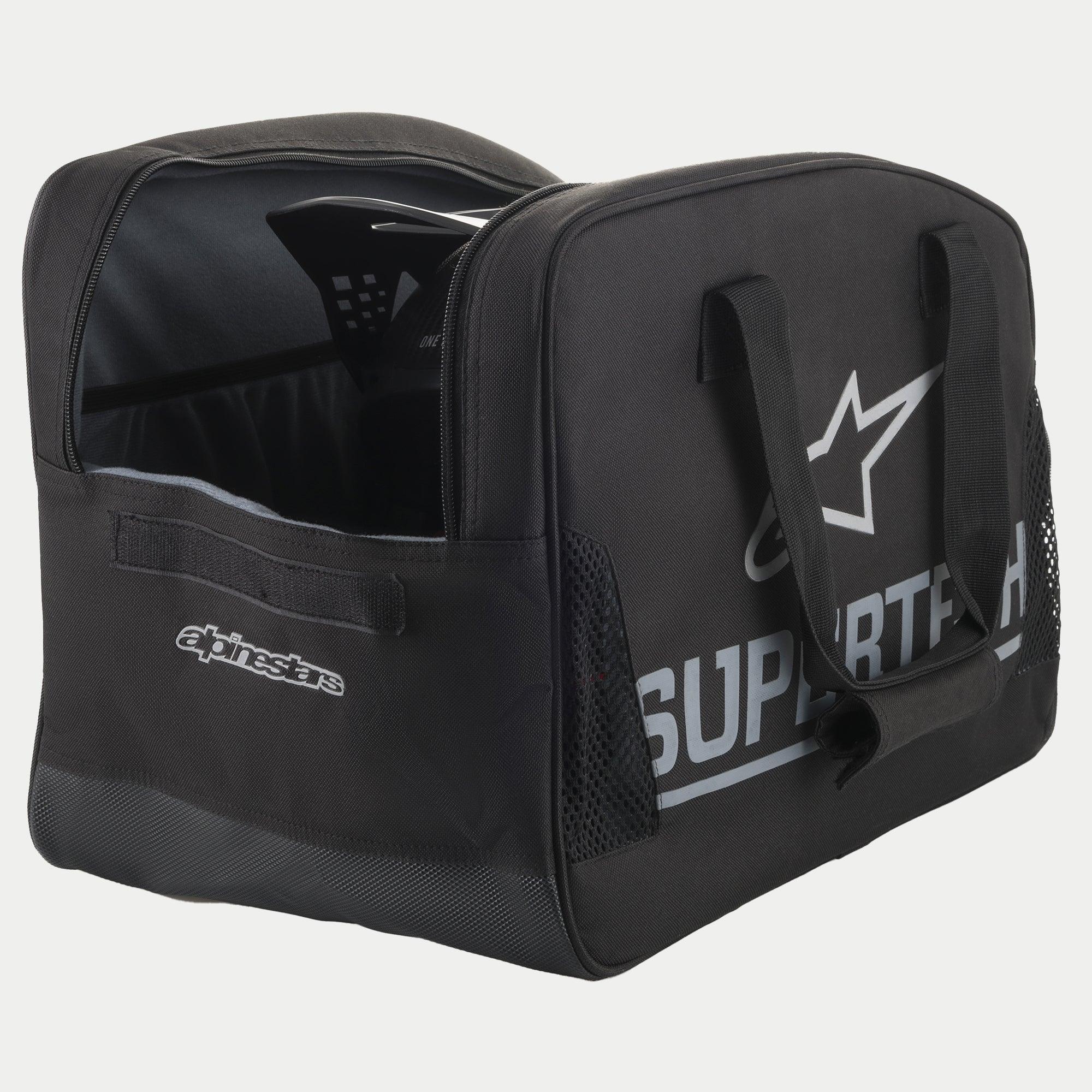 Alpinestars Supertech saco para capacete semi-rígido, preto com branding prateado, asas de transporte duráveis e construção semi-rígida segura