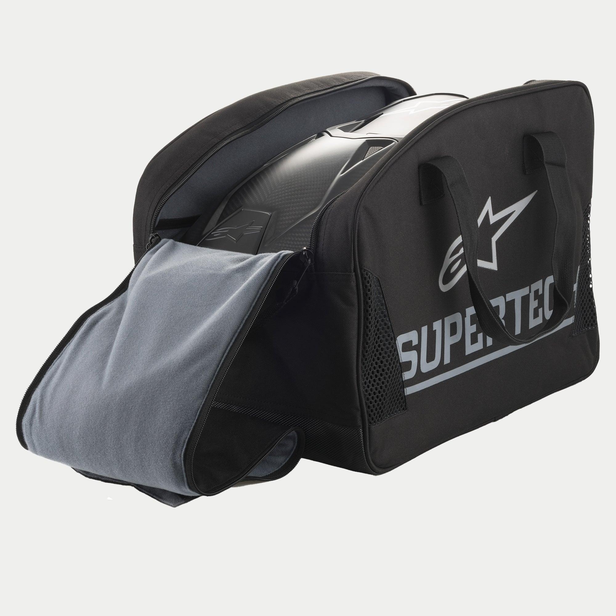 Alpinestars Supertech saco semi-rígido para capacete, saco de proteção preto para capacete de moto com grande logotipo prateado e forro interior macio
