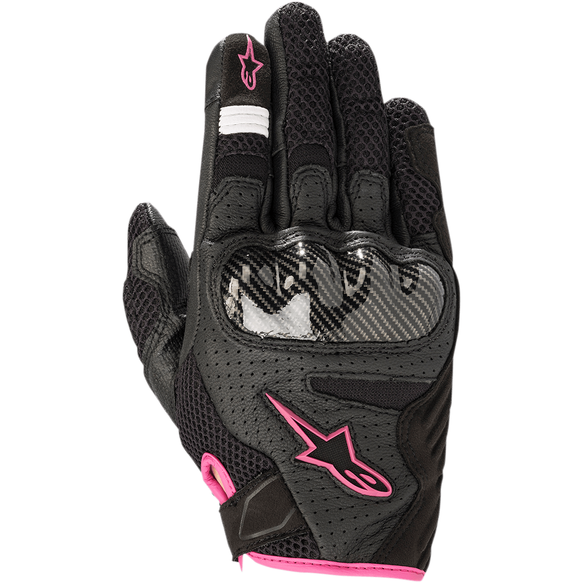 Luvas Alpinestars Stella SMX-1 Air V2 para Mulher, luvas de motociclismo, pretas com detalhes rosa fúcsia, protetor de nós dos dedos com textura de fibra de carbono, construção em pele perfurada e malha de ar para ventilação, design de punho curto