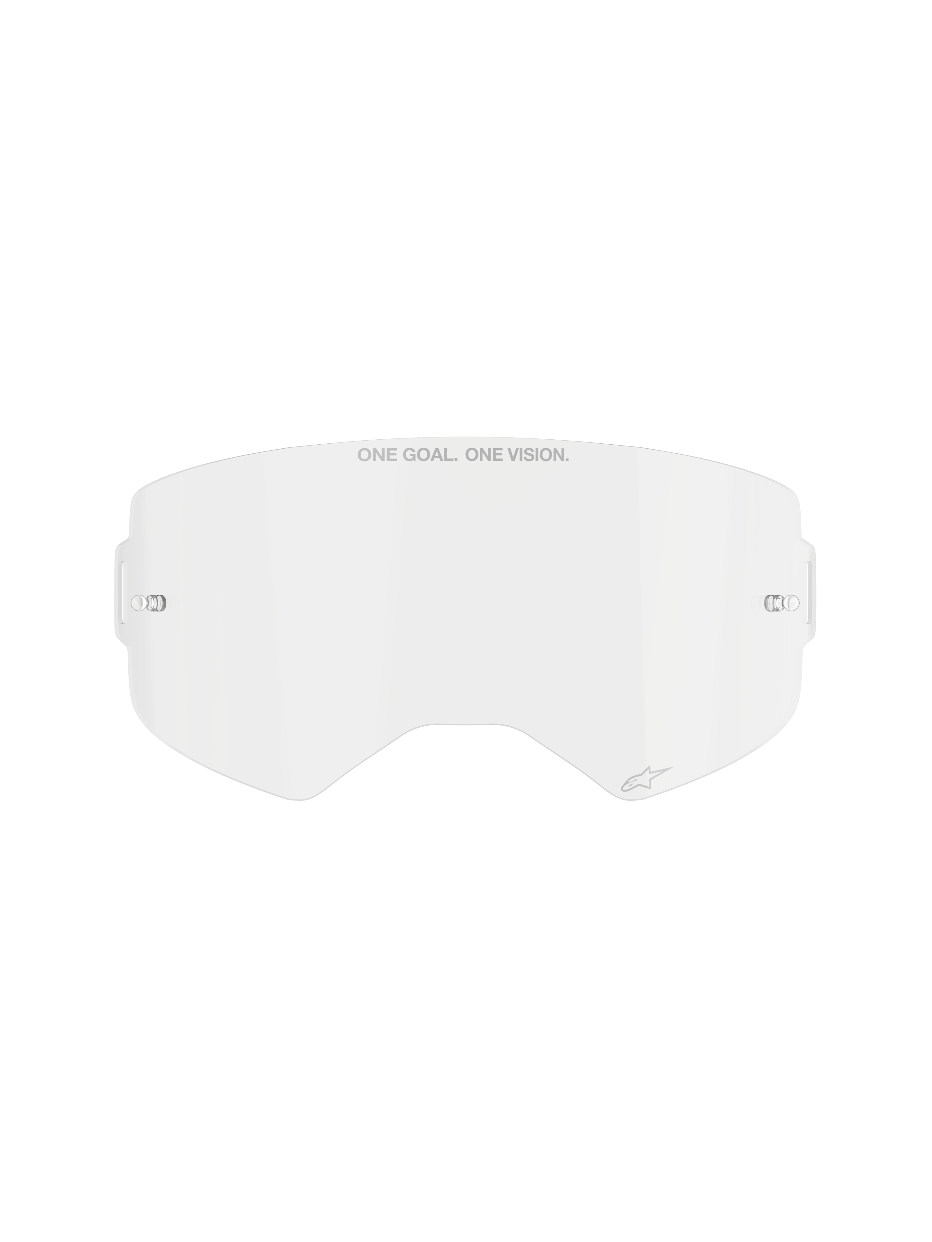 Alpinestars Supertech Clear Lens, lente de substituição para óculos de motocross, policarbonato transparente resistente a impactos, texto "ONE GOAL. ONE VISION." no topo e detalhe de logótipo pequeno, inclui pontos de fixação laterais para tear-offs