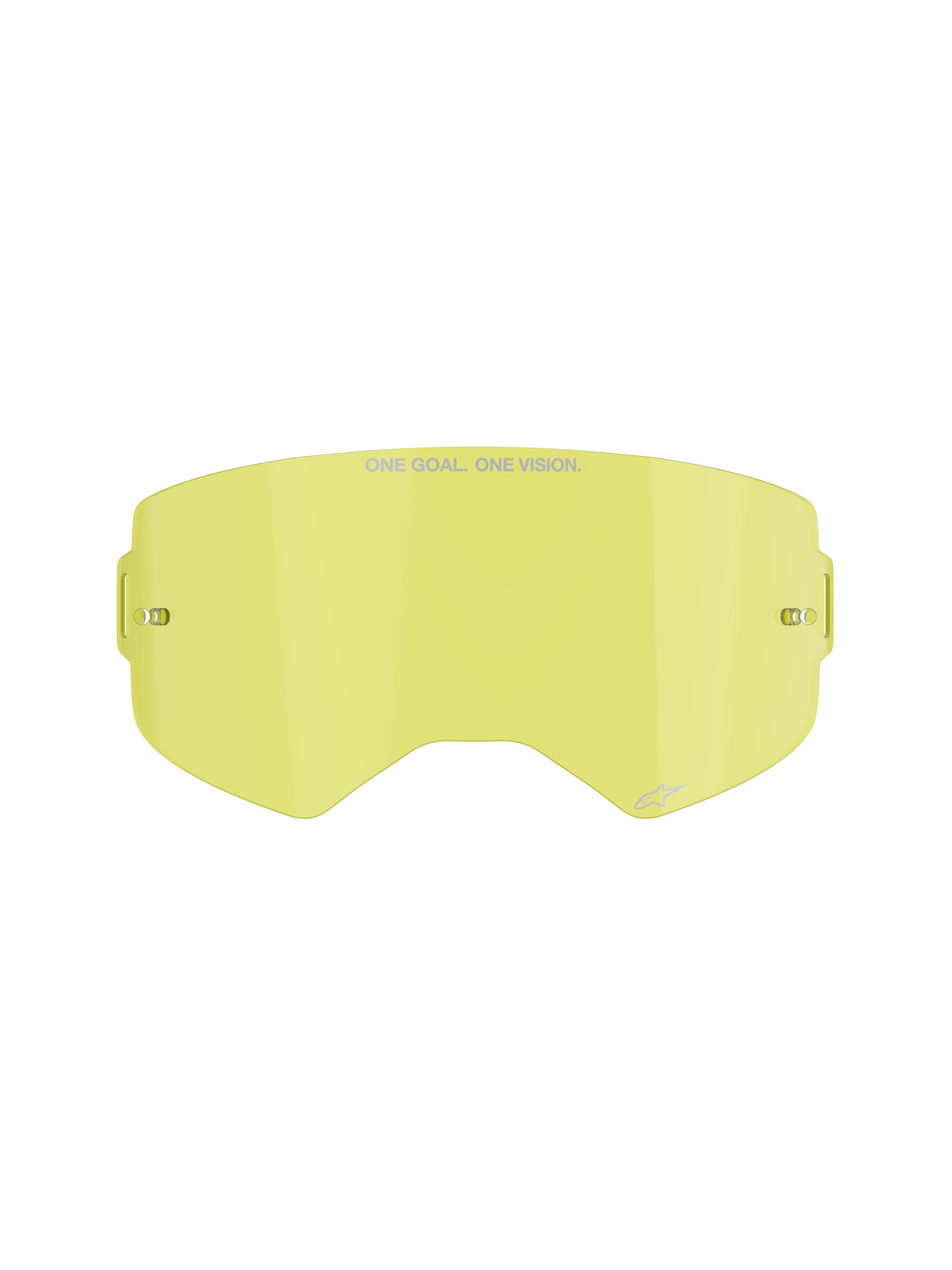Alpinestars Supertech Clear Lens, lente de substituição para óculos de motocross, tonalidade amarela, com a inscrição "ONE GOAL. ONE VISION.", pinos para tear-off integrados, construção em policarbonato transparente resistente a impactos