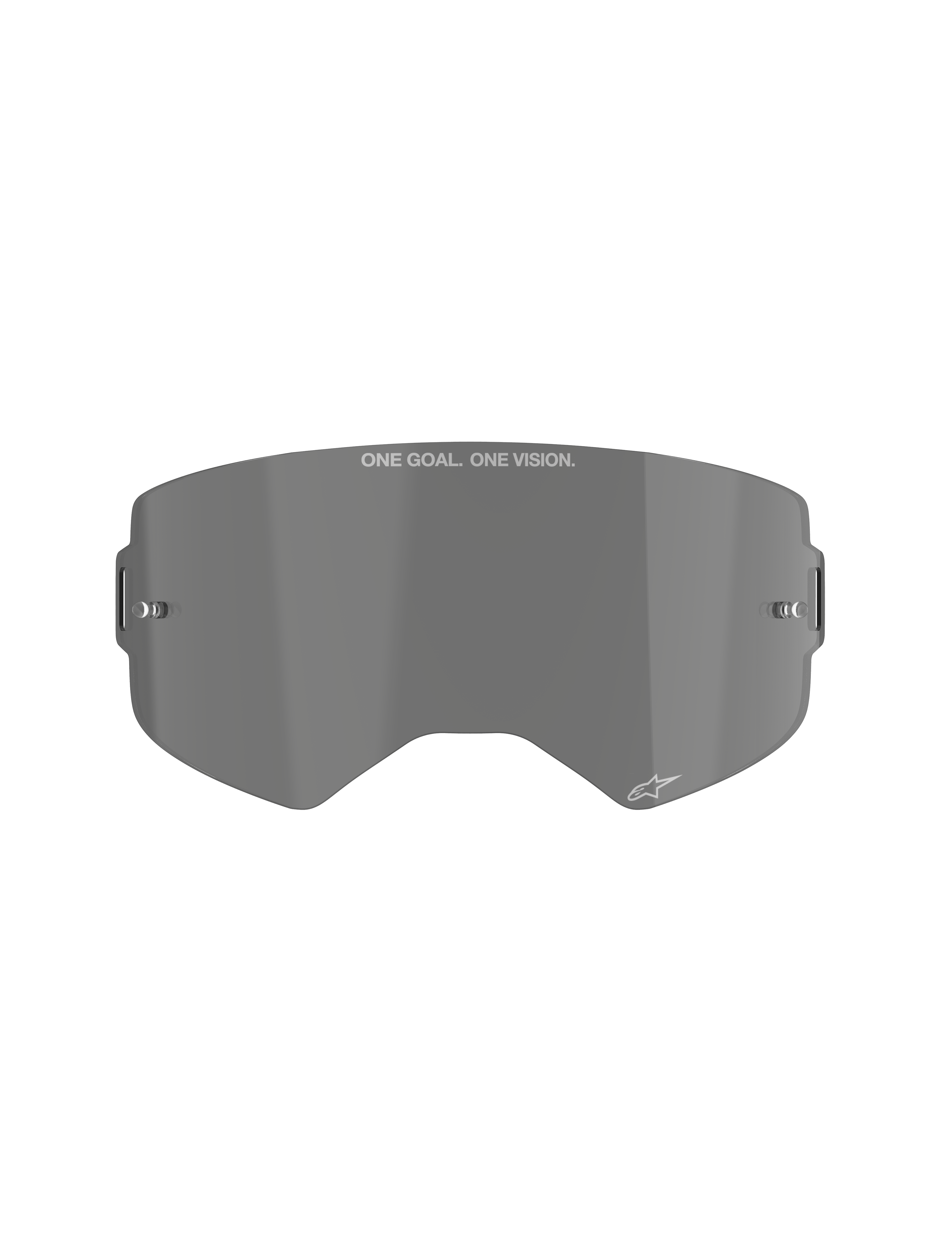 Alpinestars Supertech Smoke Lens, lente de substituição fumada escura para óculos de motocross, lente curva em policarbonato moldado por injeção com pinos para tear-off, com a inscrição 'ONE GOAL. ONE VISION.' e o logótipo da estrela Alpinestars