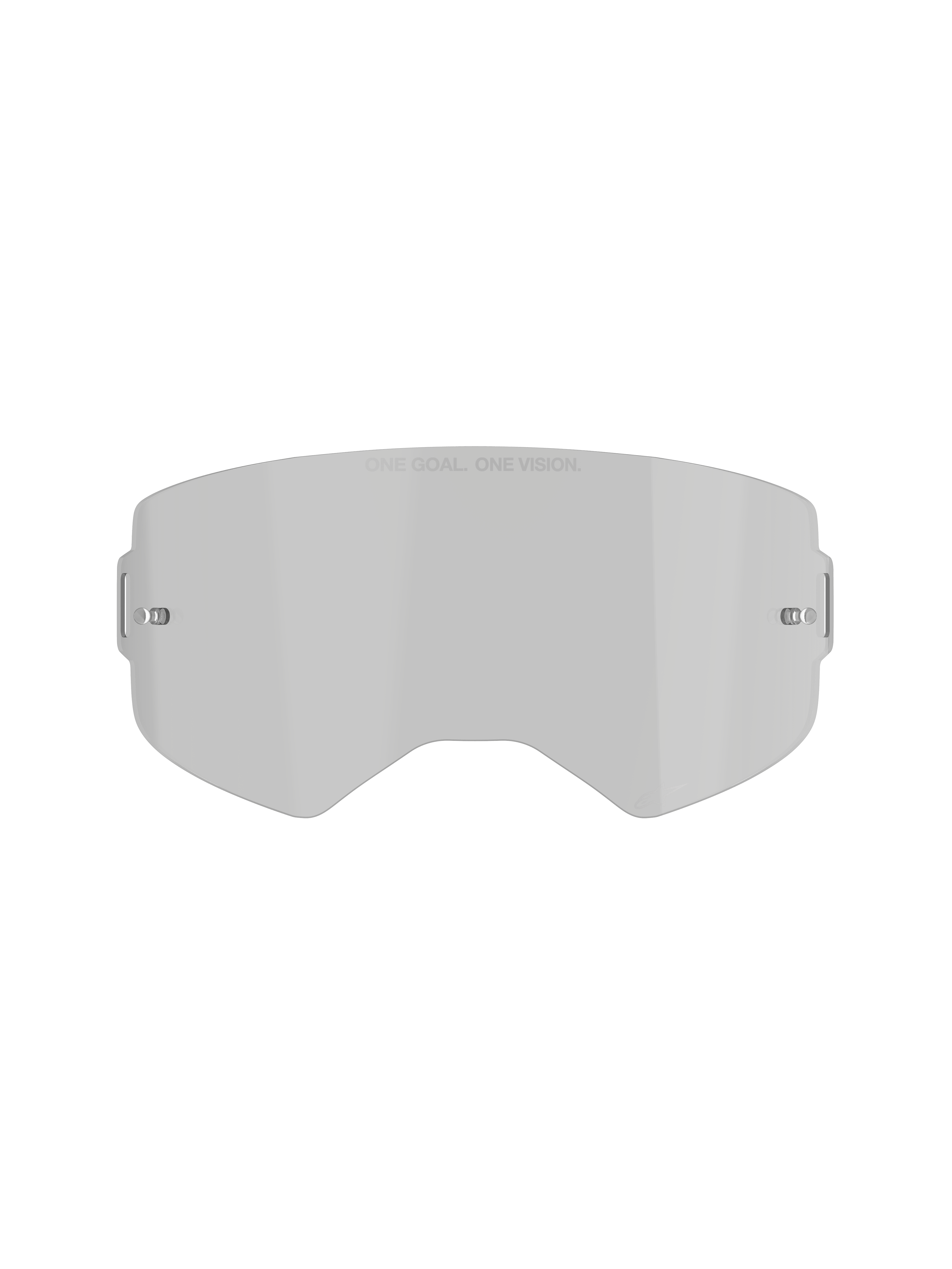 Alpinestars Supertech Smoke Lens, lente de substituição para óculos, tonalidade cinzenta fumo média, com o texto 'ONE GOAL. ONE VISION.', design curvo em policarbonato com pinos de tear-off integrados, acessório de motocross e todo-o-terreno