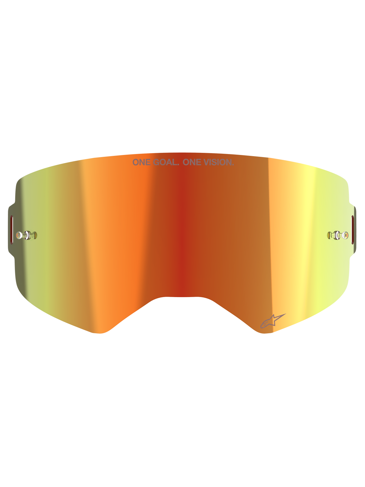Alpinestars Supertech Mirror Lens, lente de substituição para óculos de motocross, vermelho espelhado com gradiente laranja e amarelo, com o texto «ONE GOAL. ONE VISION.», pinos integrados para tear-offs e acabamento refletor para corridas off-road