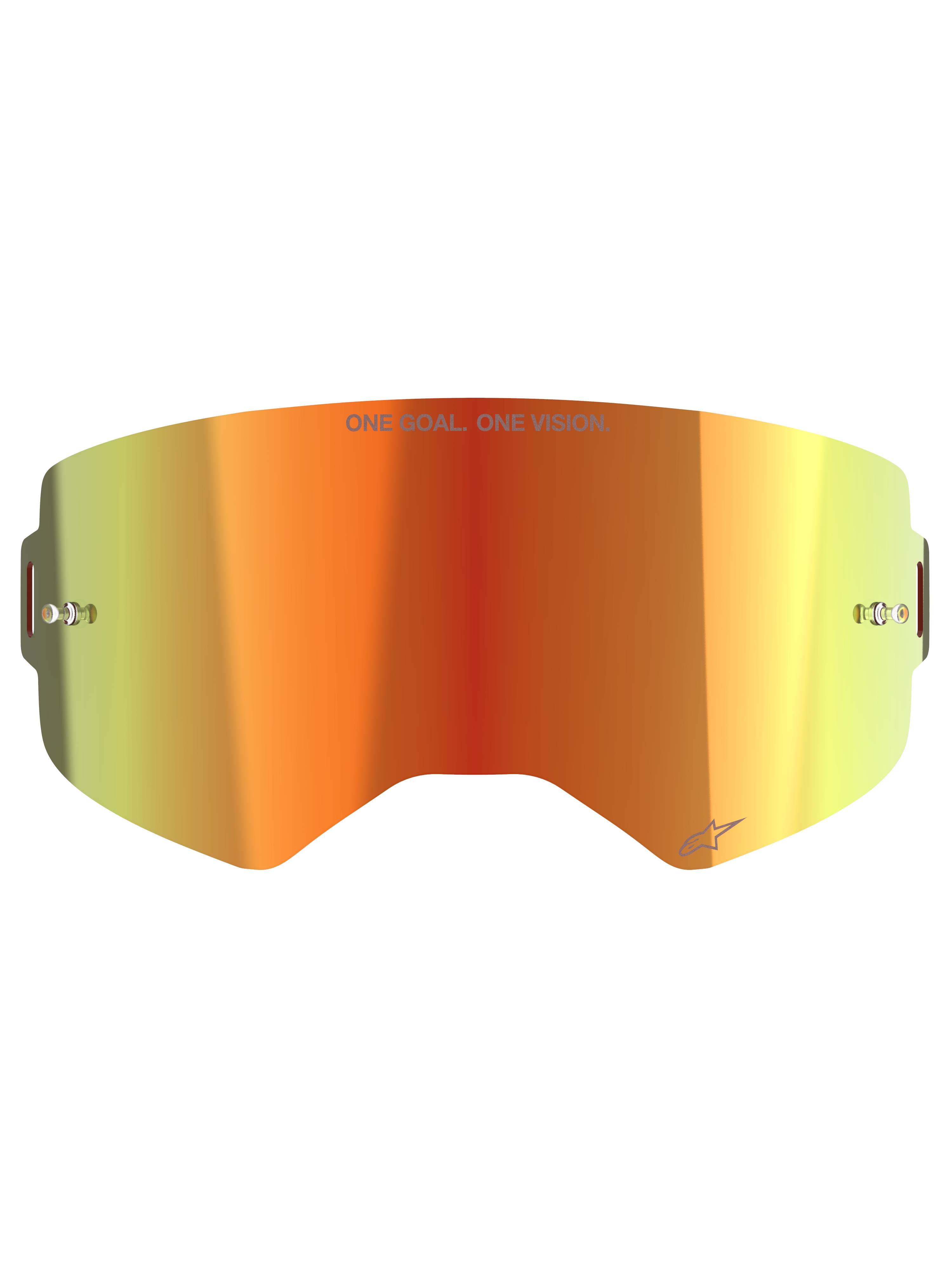 Alpinestars Supertech Mirror Lens, lente de substituição para óculos de motocross, vermelho espelhado com gradiente laranja e amarelo, com o texto «ONE GOAL. ONE VISION.», pinos integrados para tear-offs e acabamento refletor para corridas off-road