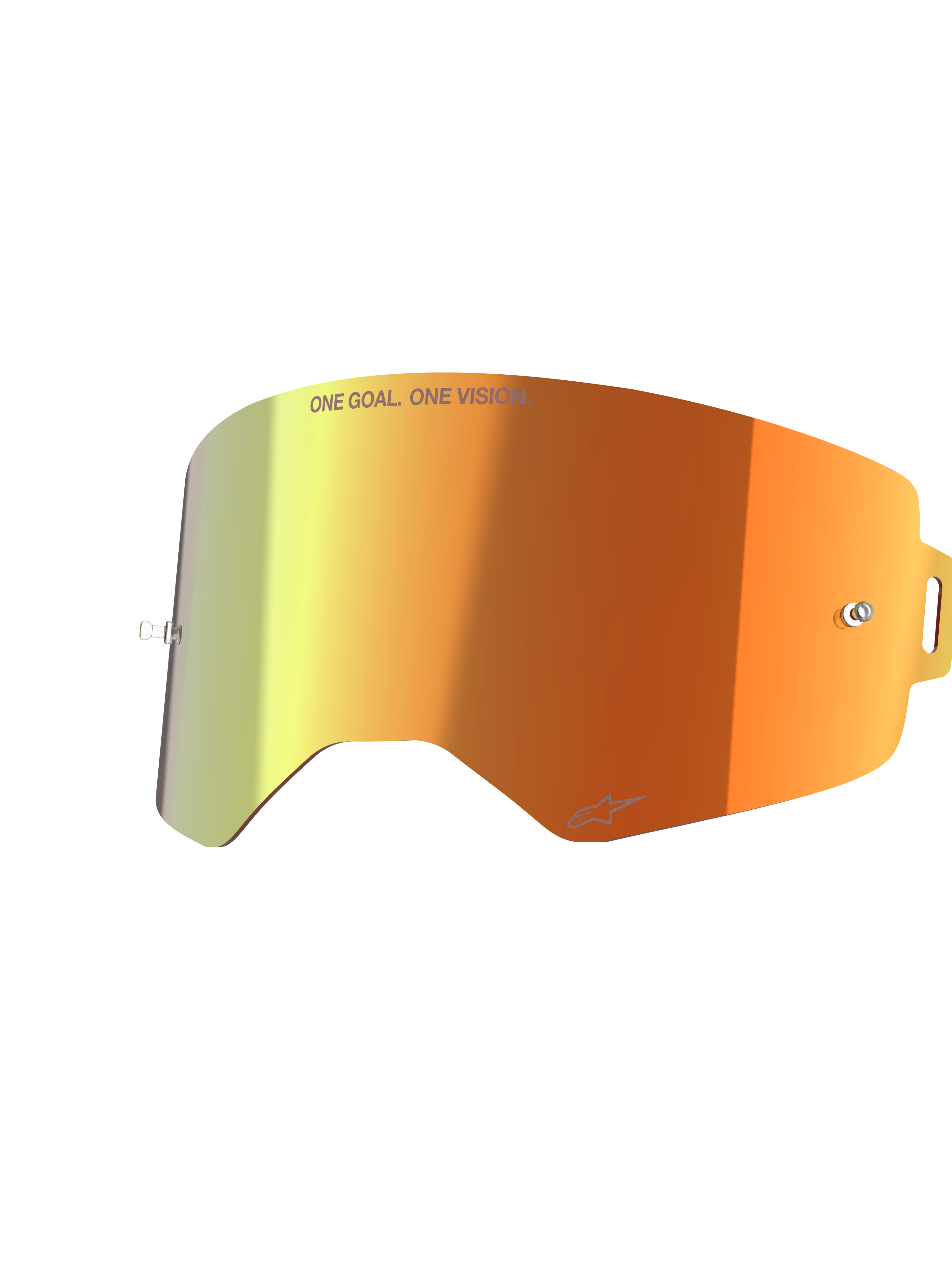 Alpinestars Supertech Mirror Lens, acessório de substituição para óculos, espelhada vermelha com gradiente laranja e amarelo, com o texto 'ONE GOAL. ONE VISION.' e o logótipo Alpinestars, acabamento refletor com pinos para tear-off para corridas de motocross