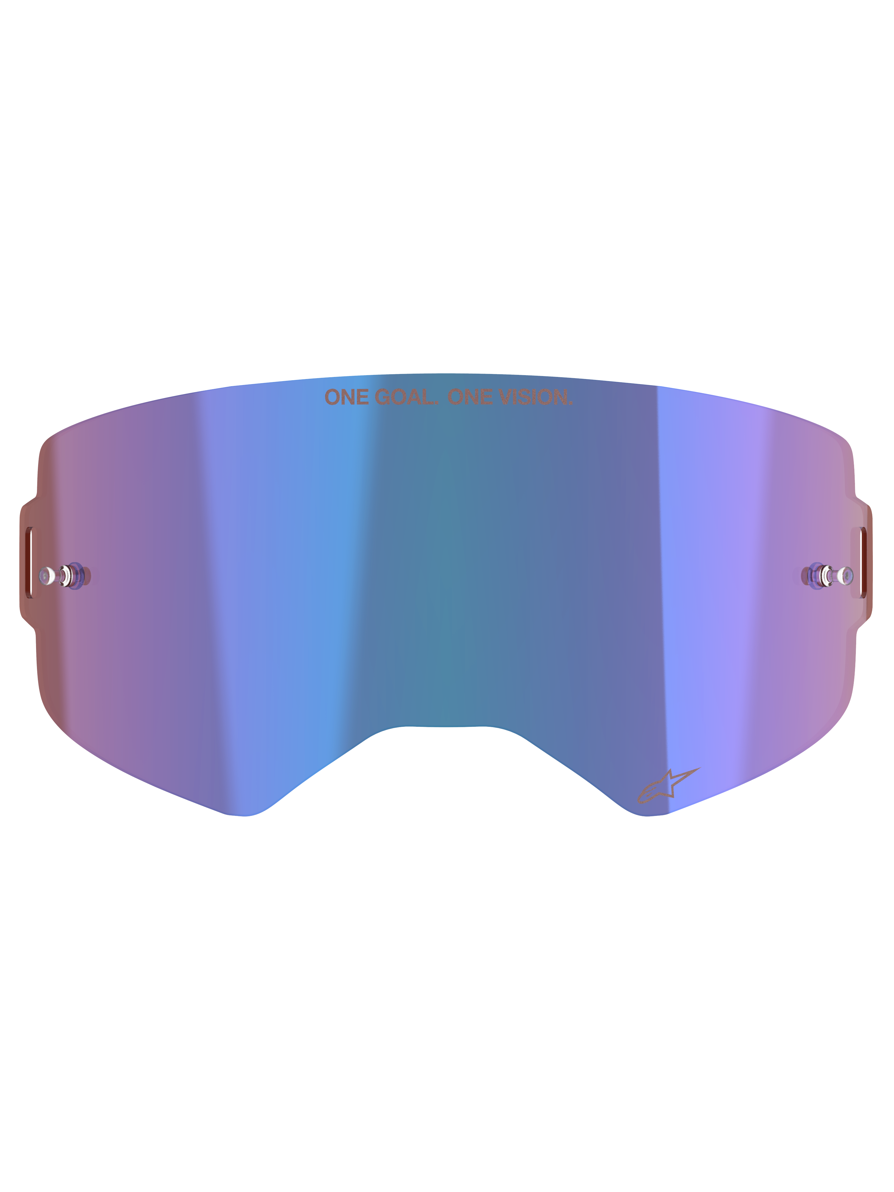 Lente Alpinestars Supertech Mirror, acessório para óculos de motocross, azul espelhado com tons de roxo, tecnologia Absolute Vision™, pinos integrados para tear-off e slogan 'ONE GOAL. ONE VISION.' na parte superior.