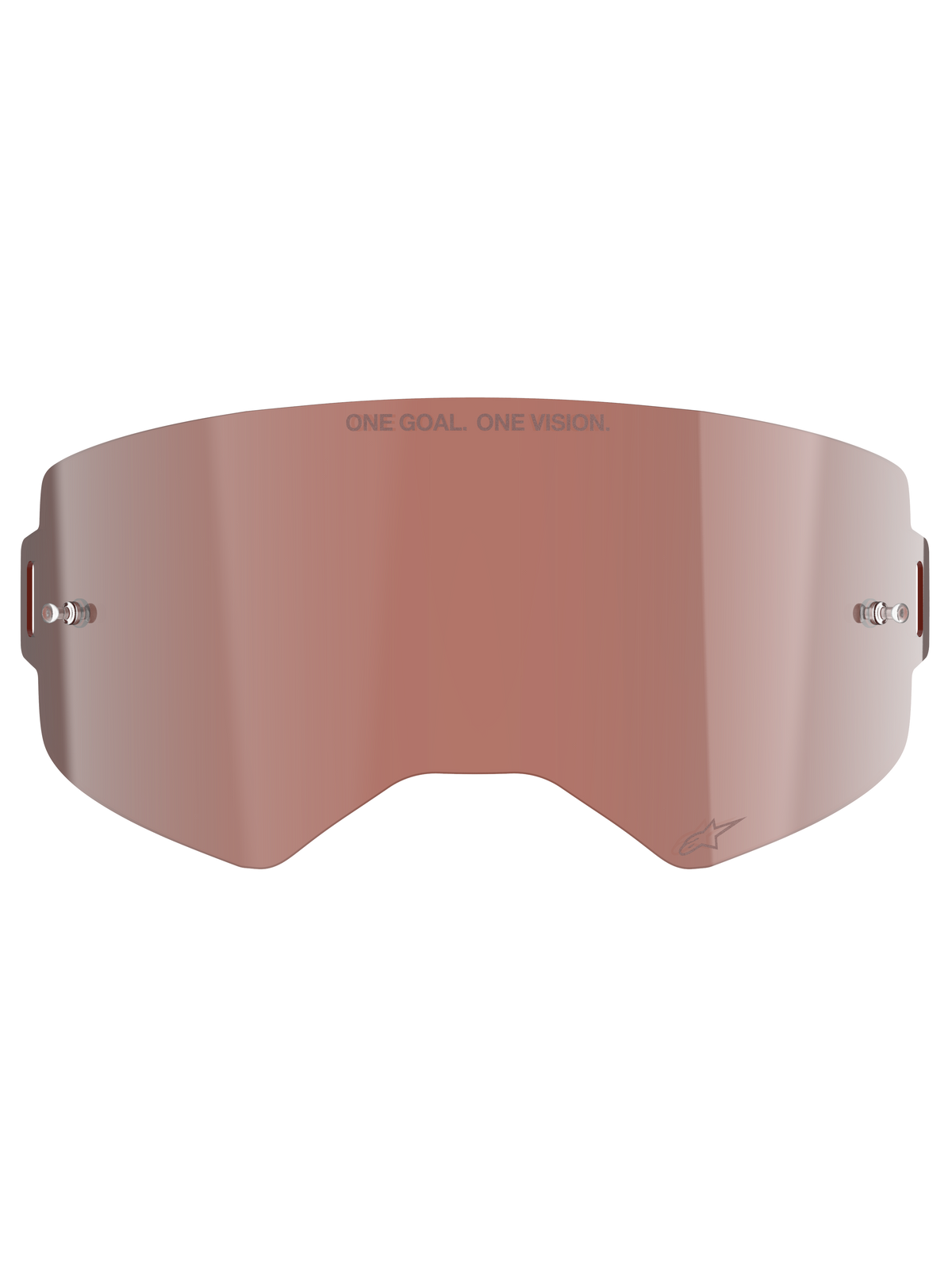 Alpinestars Supertech Mirror Lens, lente de substituição para óculos de motocross, Mirror Silver com tonalidade castanha-avermelhada Absolute Vision™, superfície reflexiva com pinos integrados para tear-offs, gravação 'ONE GOAL. ONE VISION.' e logótipo Alpinestars