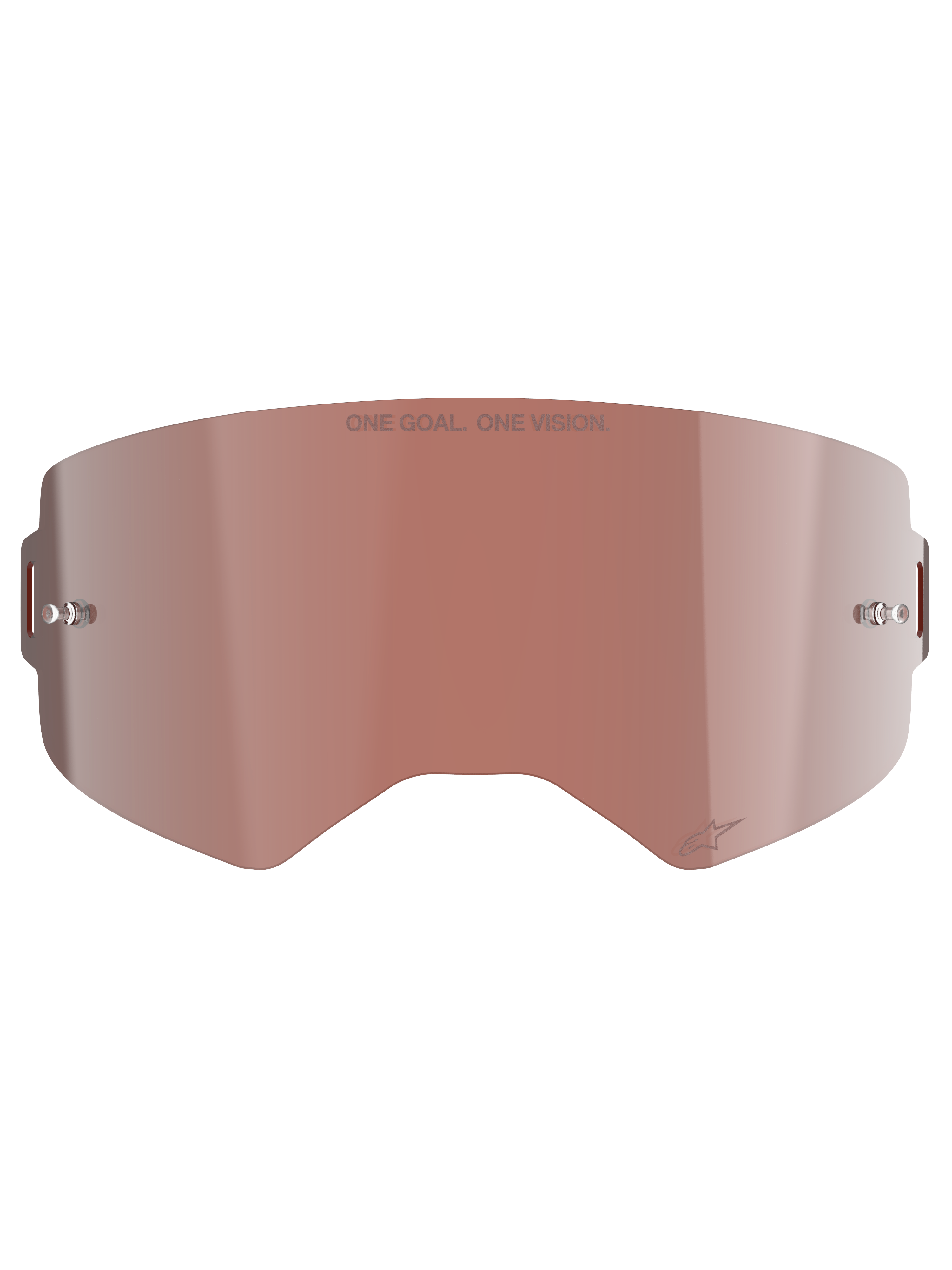 Alpinestars Supertech Mirror Lens, lente de substituição para óculos de motocross, Mirror Silver com tonalidade castanha-avermelhada Absolute Vision™, superfície reflexiva com pinos integrados para tear-offs, gravação 'ONE GOAL. ONE VISION.' e logótipo Alpinestars