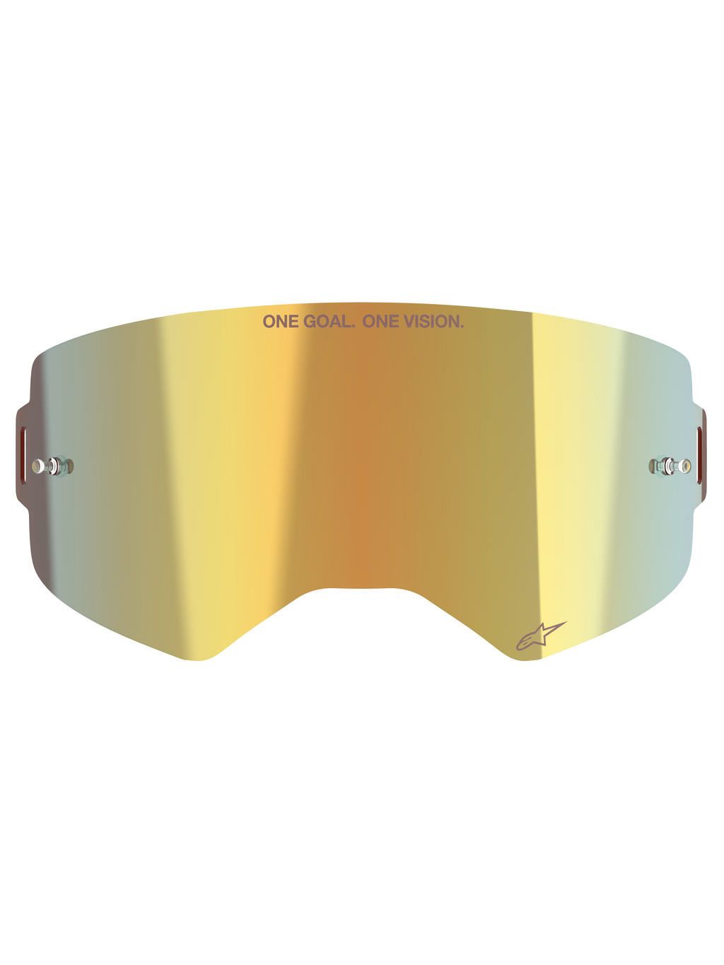 Lente Alpinestars Supertech Mirror, lente de substituição para óculos de motocross, acabamento dourado espelhado, com o texto 'ONE GOAL. ONE VISION.' e o logótipo Alpinestars, inclui pinos laterais para tear-off, em policarbonato durável para competição de todo-o-terreno