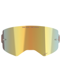 Lente Alpinestars Supertech Mirror, lente de substituição para óculos de motocross, acabamento dourado espelhado, com o texto 'ONE GOAL. ONE VISION.' e o logótipo Alpinestars, inclui pinos laterais para tear-off, em policarbonato durável para competição de todo-o-terreno