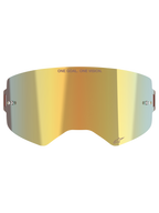 Lente Alpinestars Supertech Mirror, lente de substituição para óculos de motocross, acabamento dourado espelhado, com o texto 'ONE GOAL. ONE VISION.' e o logótipo Alpinestars, inclui pinos laterais para tear-off, em policarbonato durável para competição de todo-o-terreno