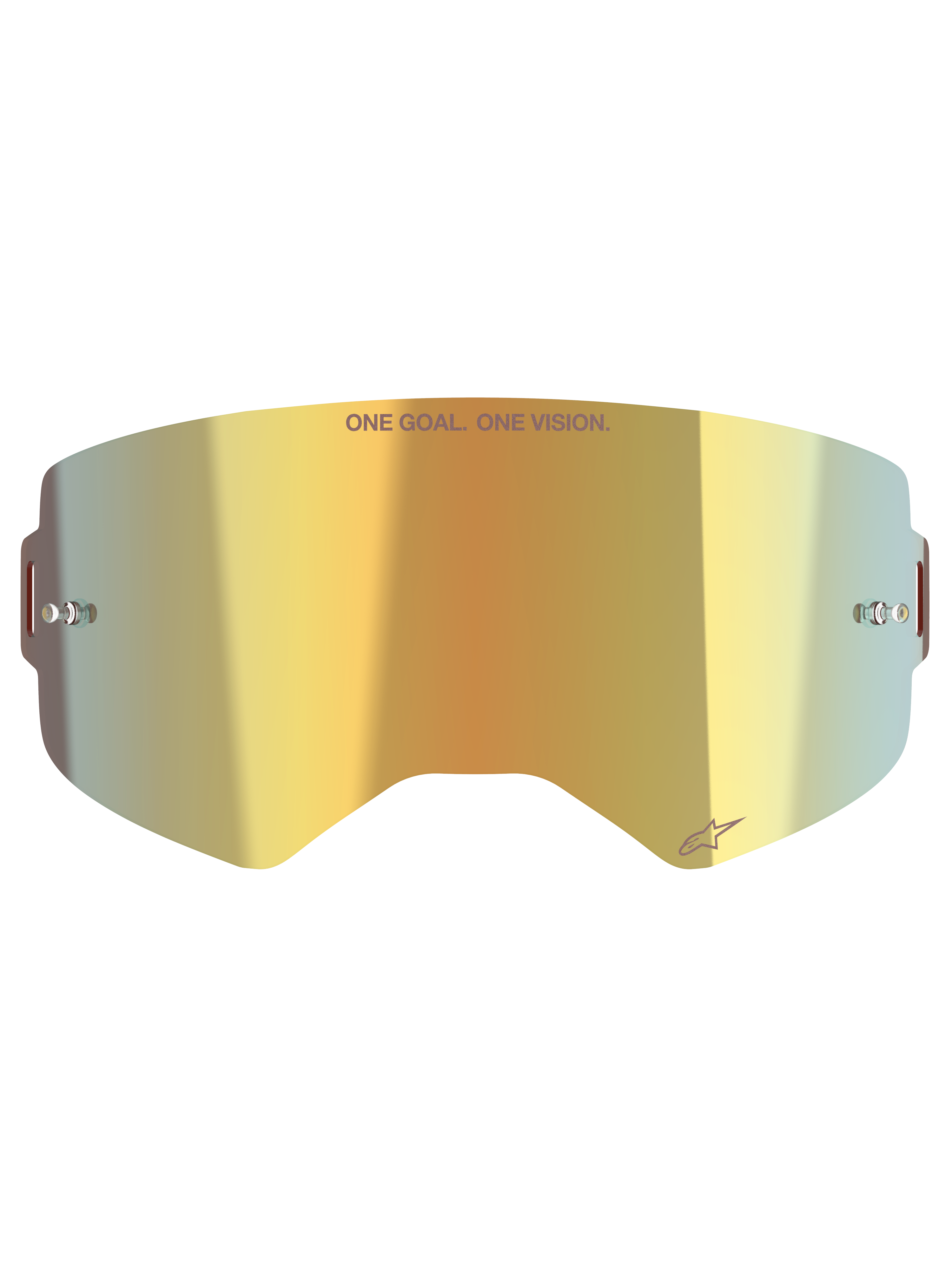 Lente Alpinestars Supertech Mirror, lente de substituição para óculos de motocross, acabamento dourado espelhado, com o texto 'ONE GOAL. ONE VISION.' e o logótipo Alpinestars, inclui pinos laterais para tear-off, em policarbonato durável para competição de todo-o-terreno